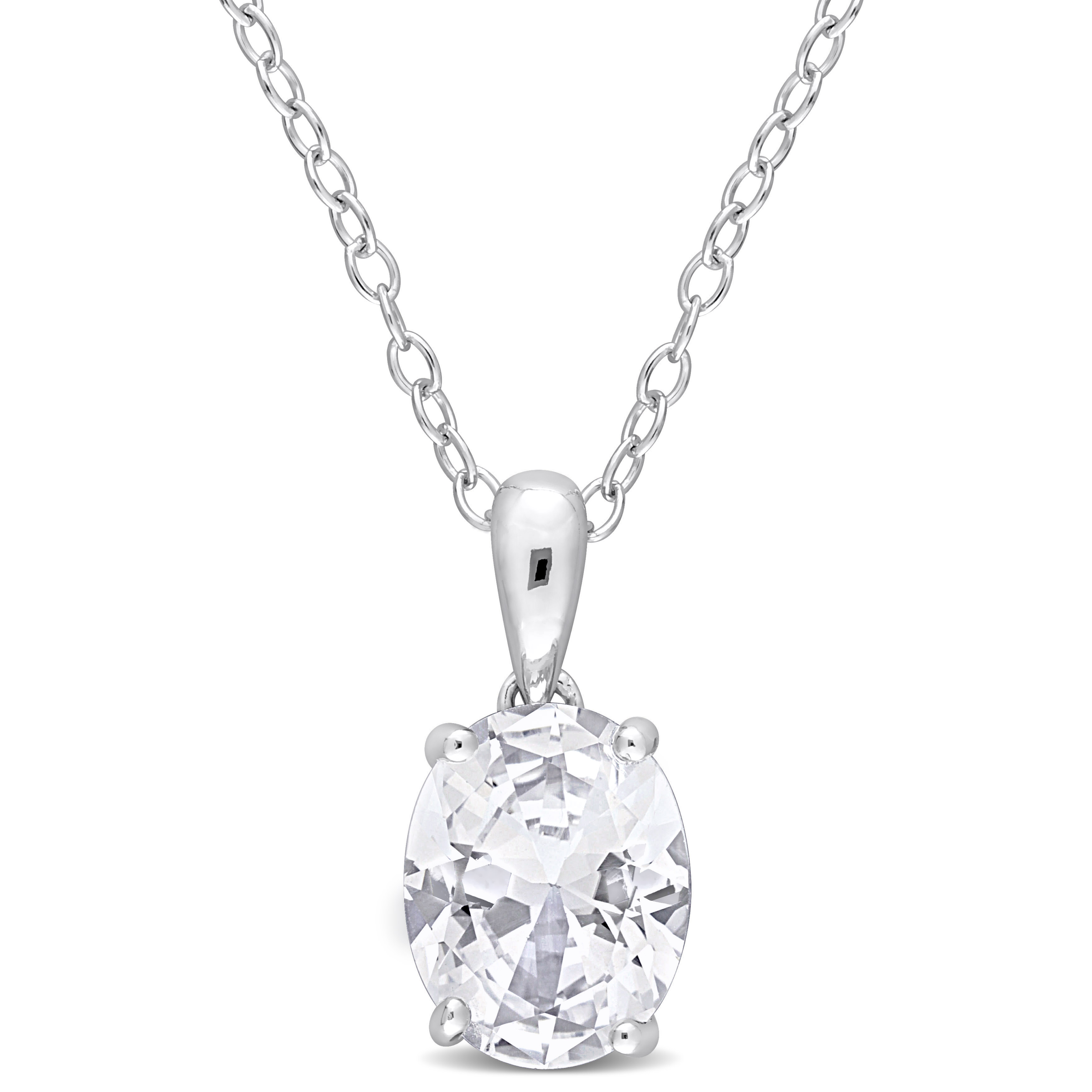 3 CT TGW Oval Created White Sapphire Solitaire Heart Design Pendant with Chain in Sterling Silver - 18 in.