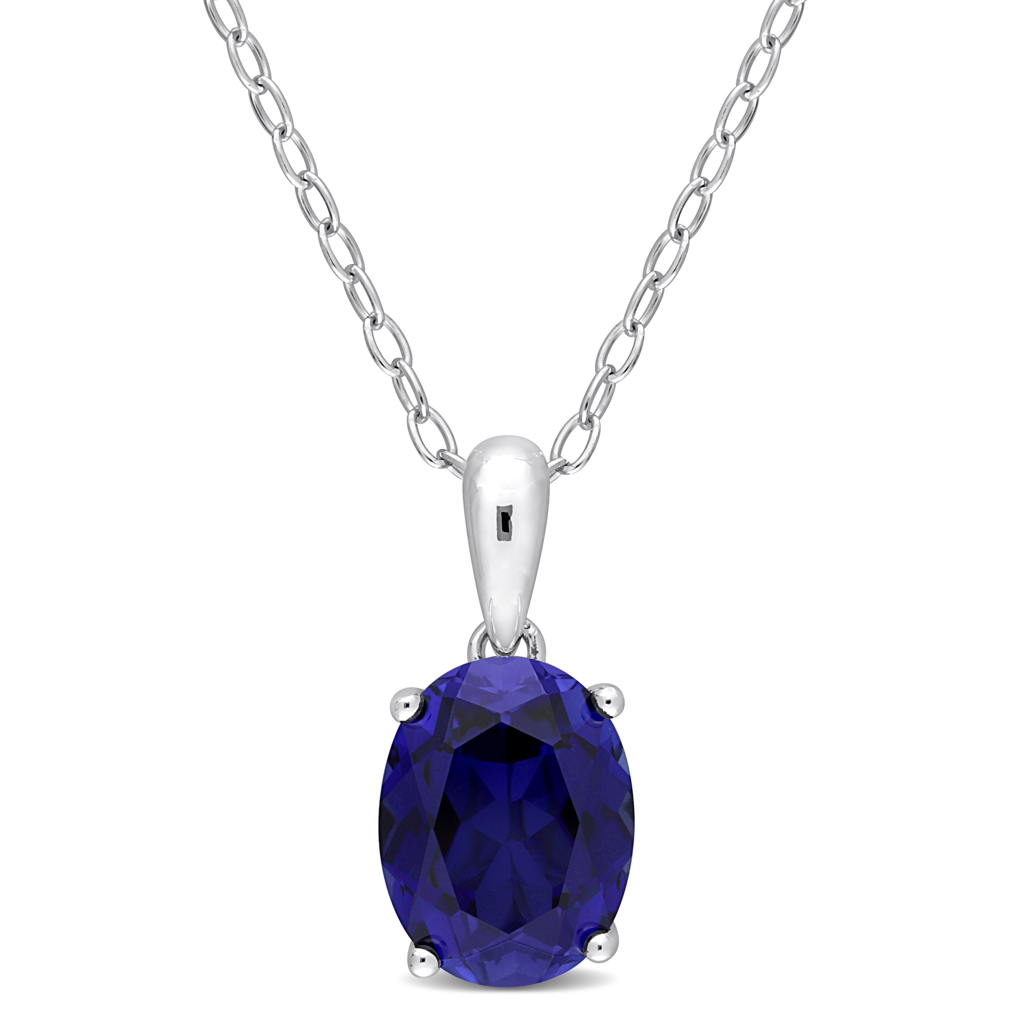 3 CT TGW Oval Created Blue Sapphire Solitaire Heart Design Pendant with Chain in Sterling Silver - 18 in.