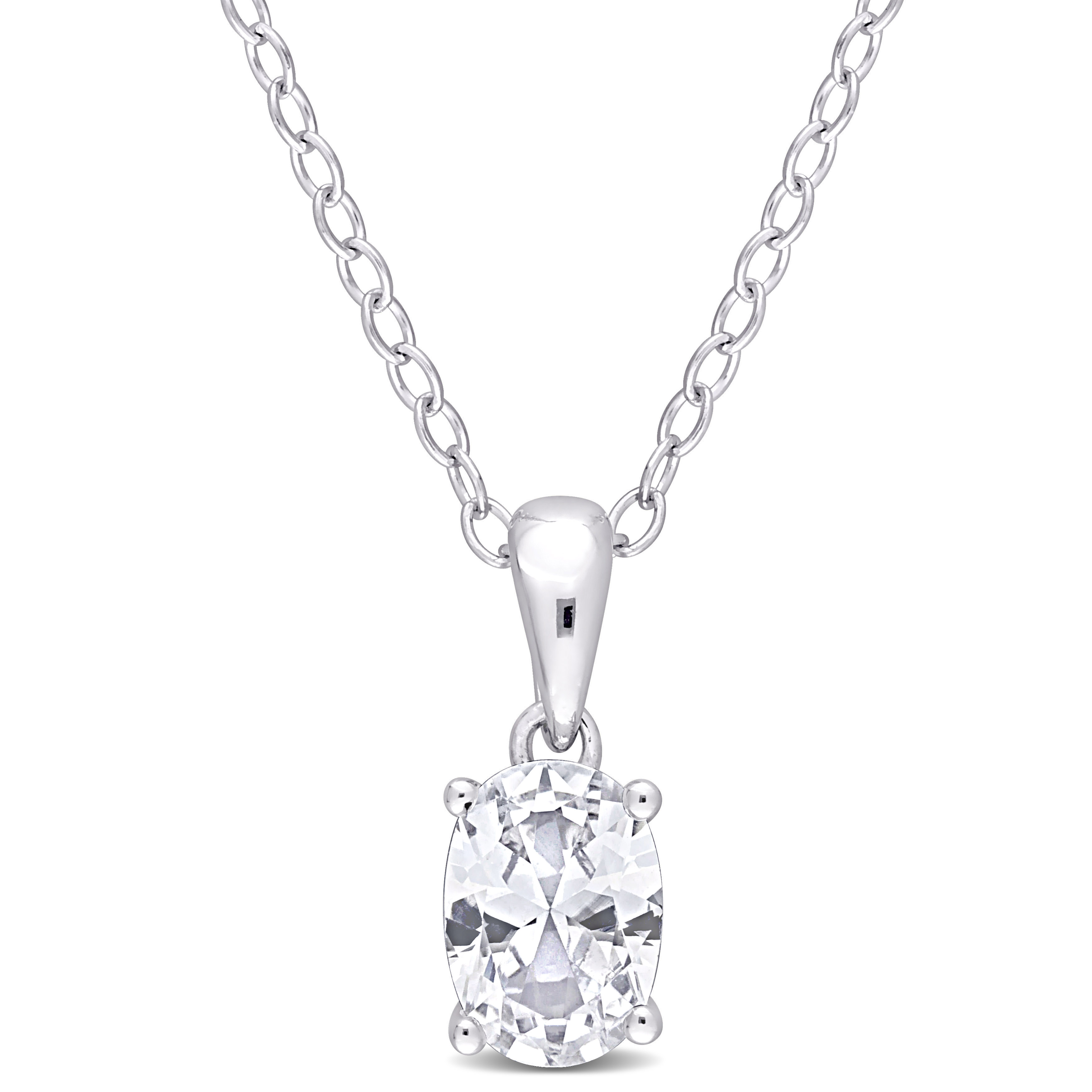 1 1/4 CT TGW Oval Created White Sapphire Solitaire Heart Design Pendant with Chain in Sterling Silver - 18 in.