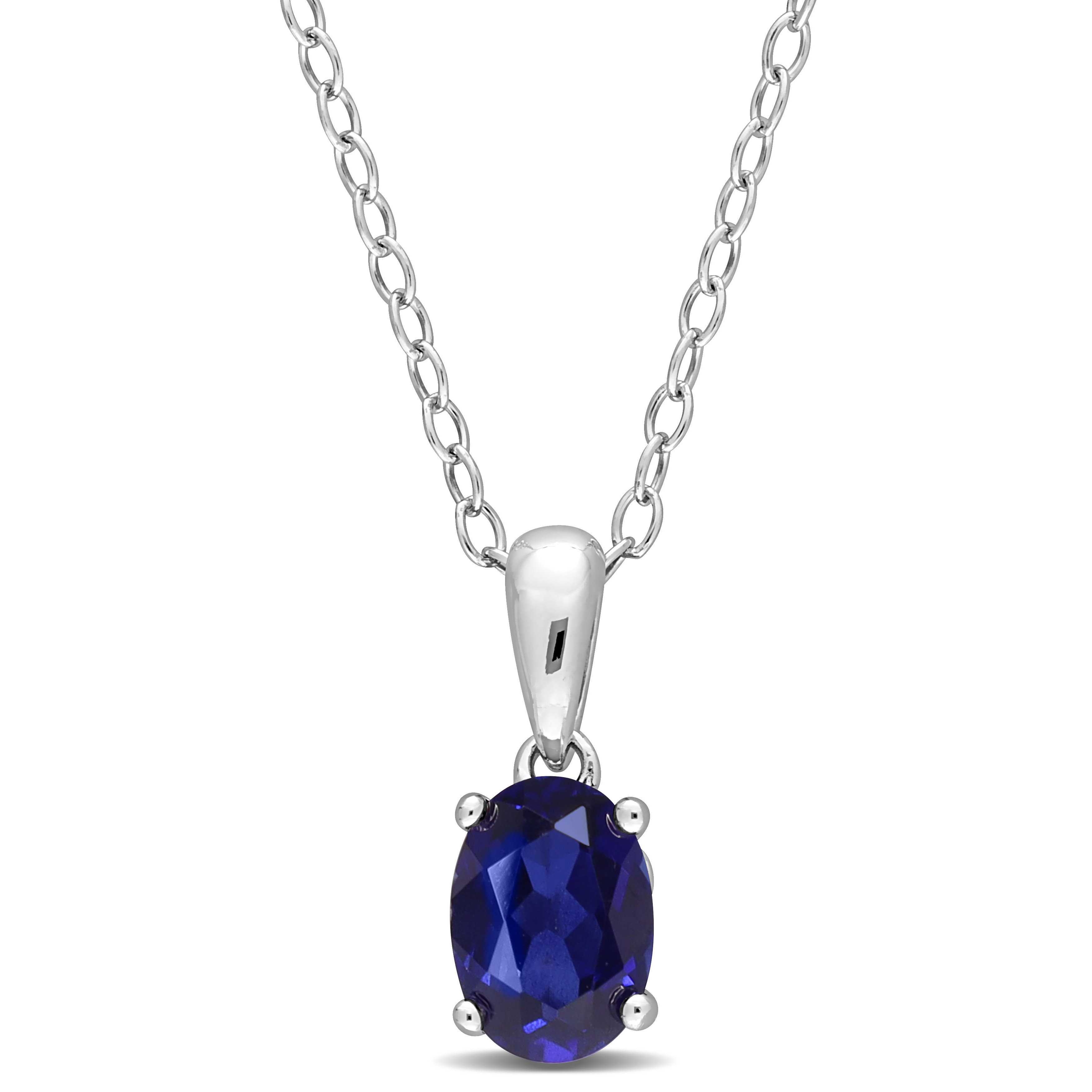 1 1/4 CT TGW Oval Created Blue Sapphire Solitaire Heart Design Pendant with Chain in Sterling Silver - 18 in.