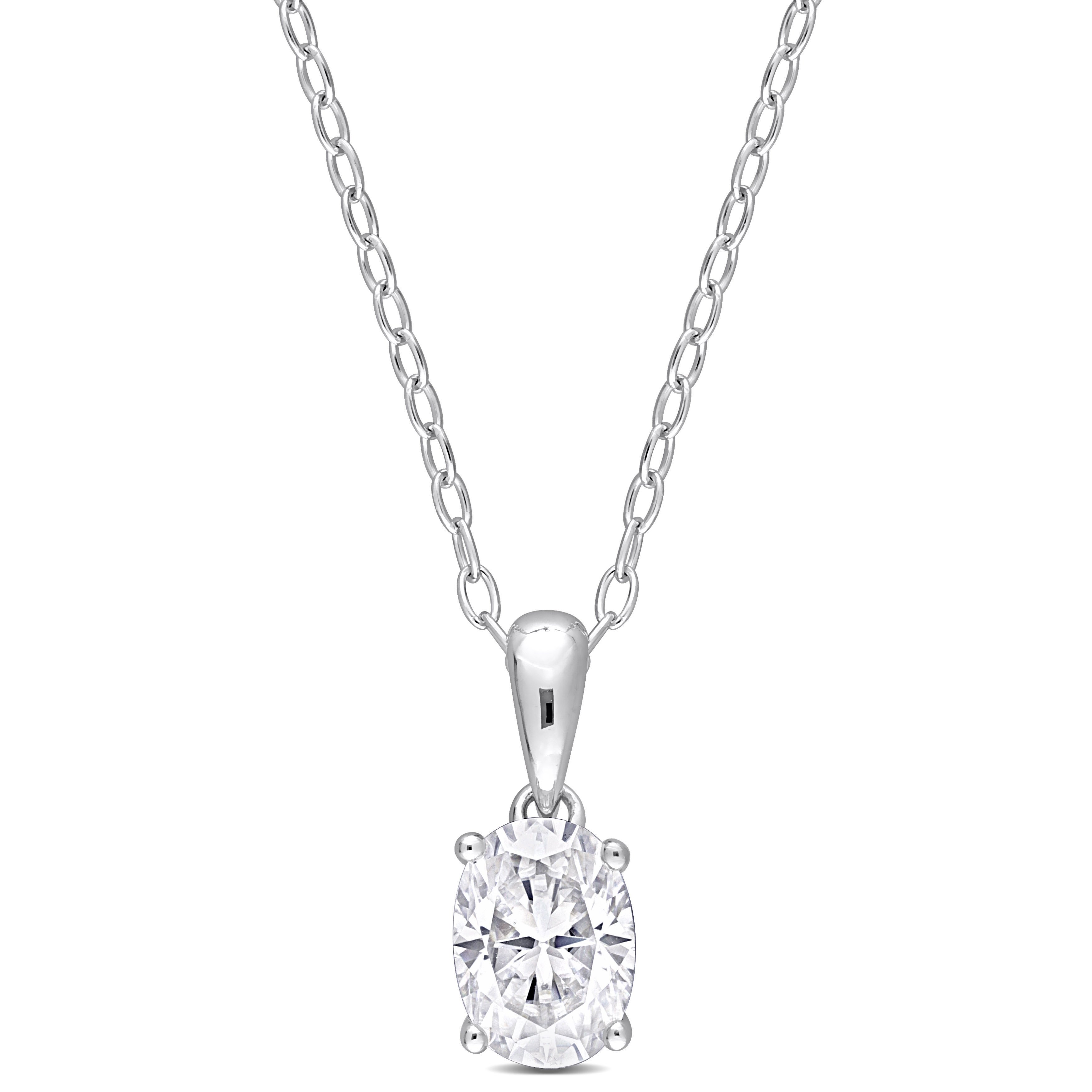 1 CT TGW Oval Created Moissanite Solitaire Pendant with Heart Detail and Chain in Sterling Silver - 18 in.