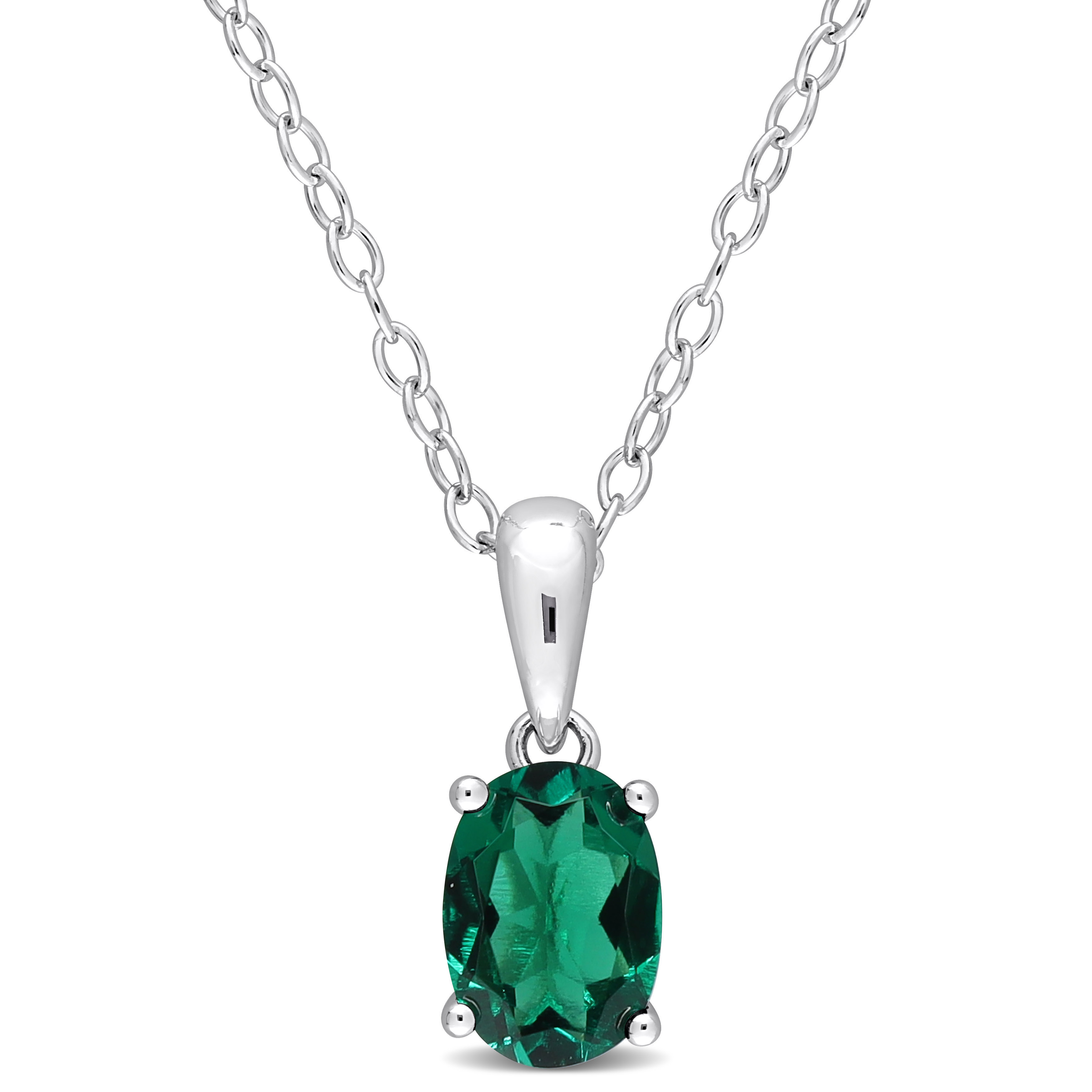3/4 CT TGW Oval Created Emerald Solitaire Heart Design Pendant with Chain in Sterling Silver - 18 in.