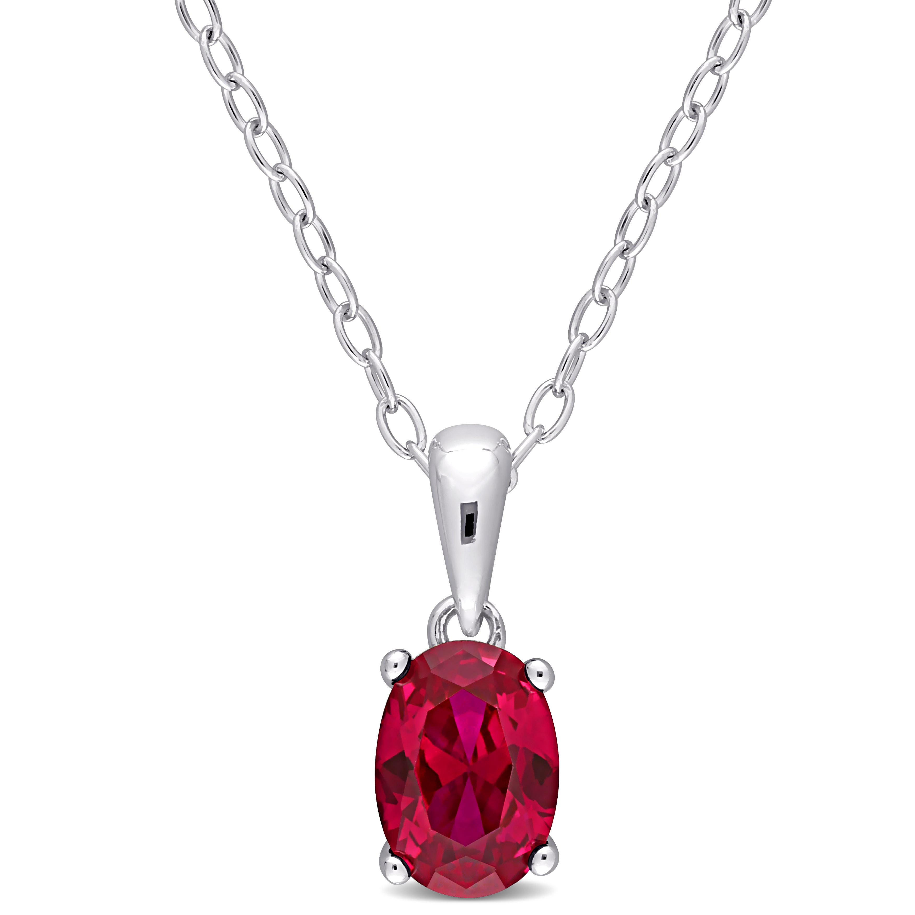 1 1/4 CT TGW Oval Created Ruby Solitaire Heart Design Pendant with Chain in Sterling Silver - 18 in.