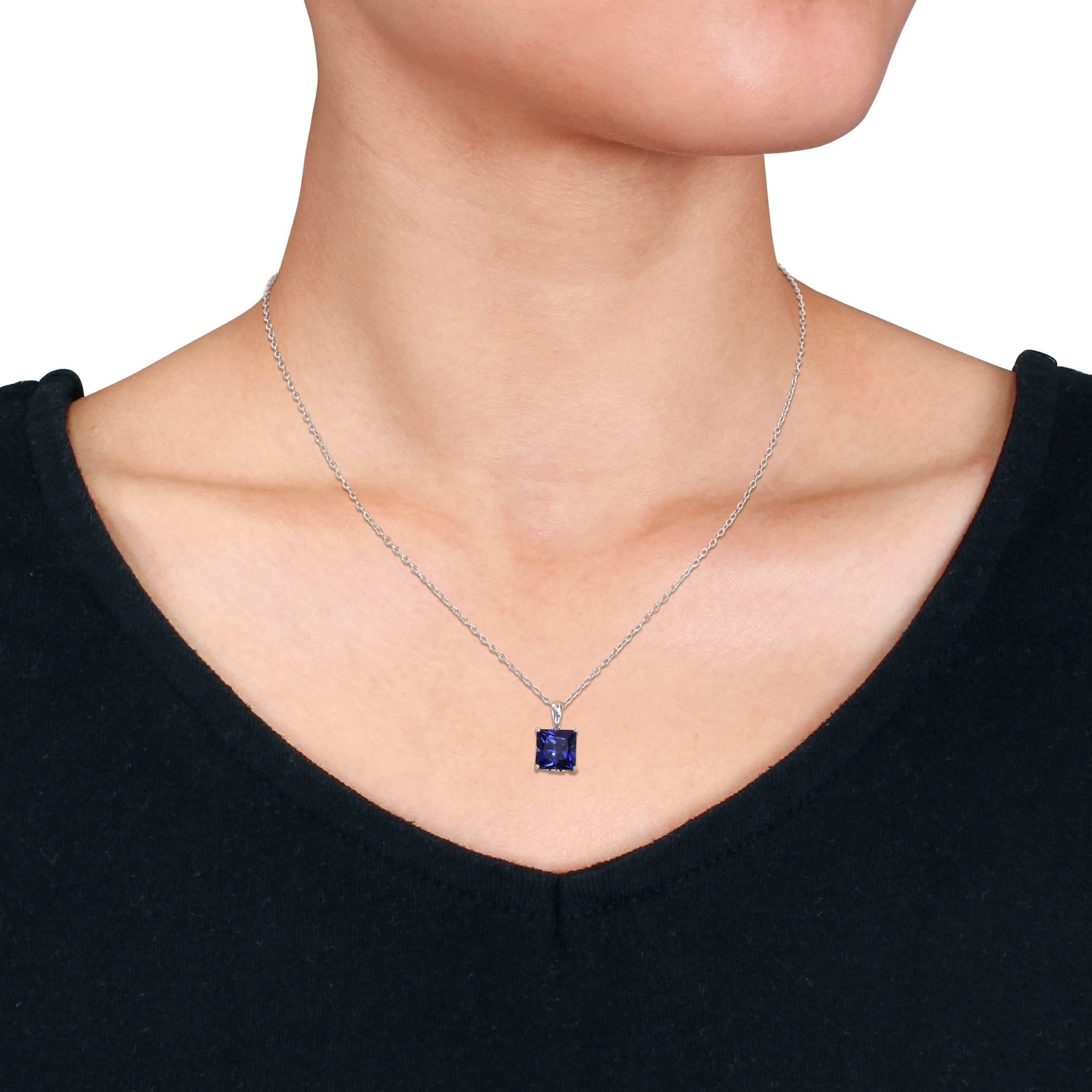 3.06 CT TGW Princess Cut Created Blue Sapphire Solitaire Heart Design Pendant with Chain in Sterling Silver - 18 in.
