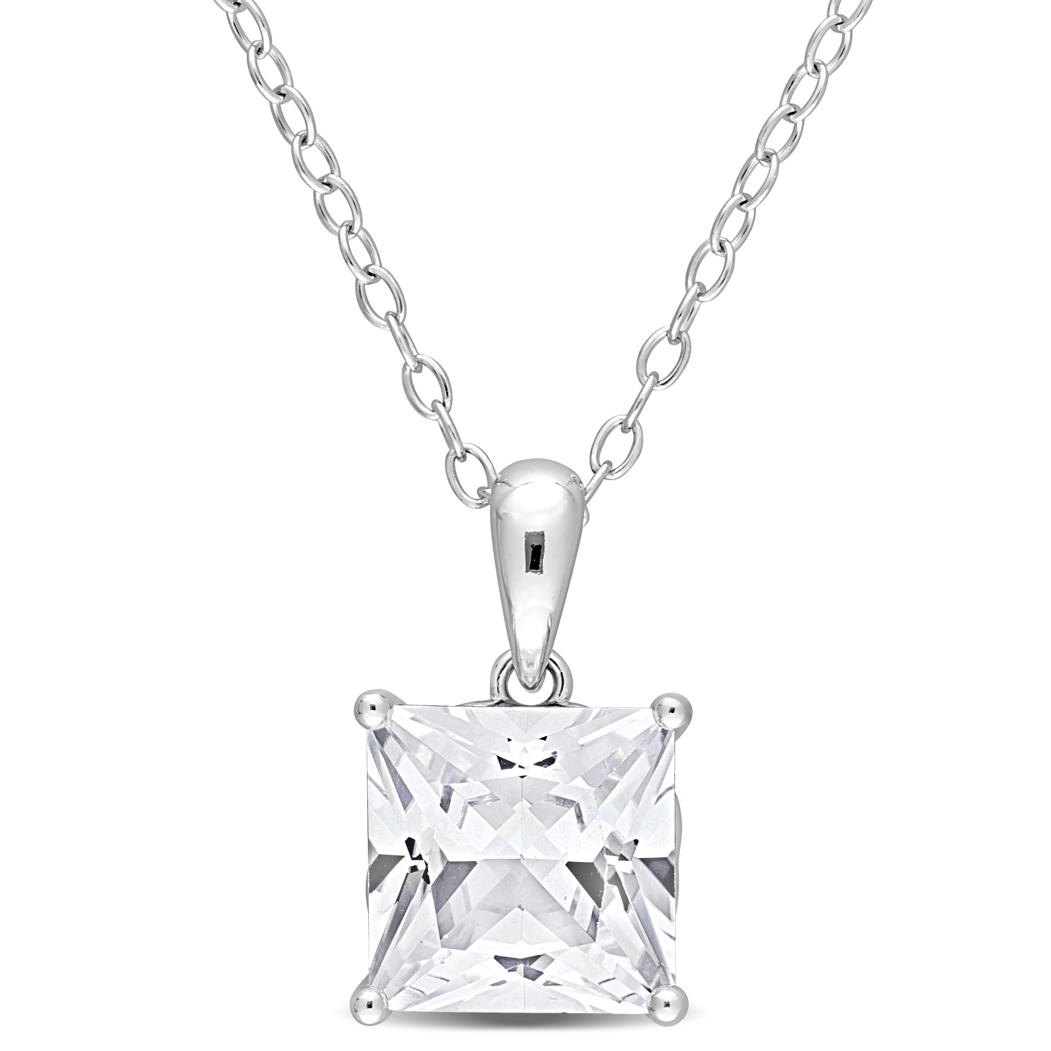 3.06 CT TGW Princess Cut Created White Sapphire Solitaire Heart Design Pendant with Chain in Sterling Silver - 18 in.