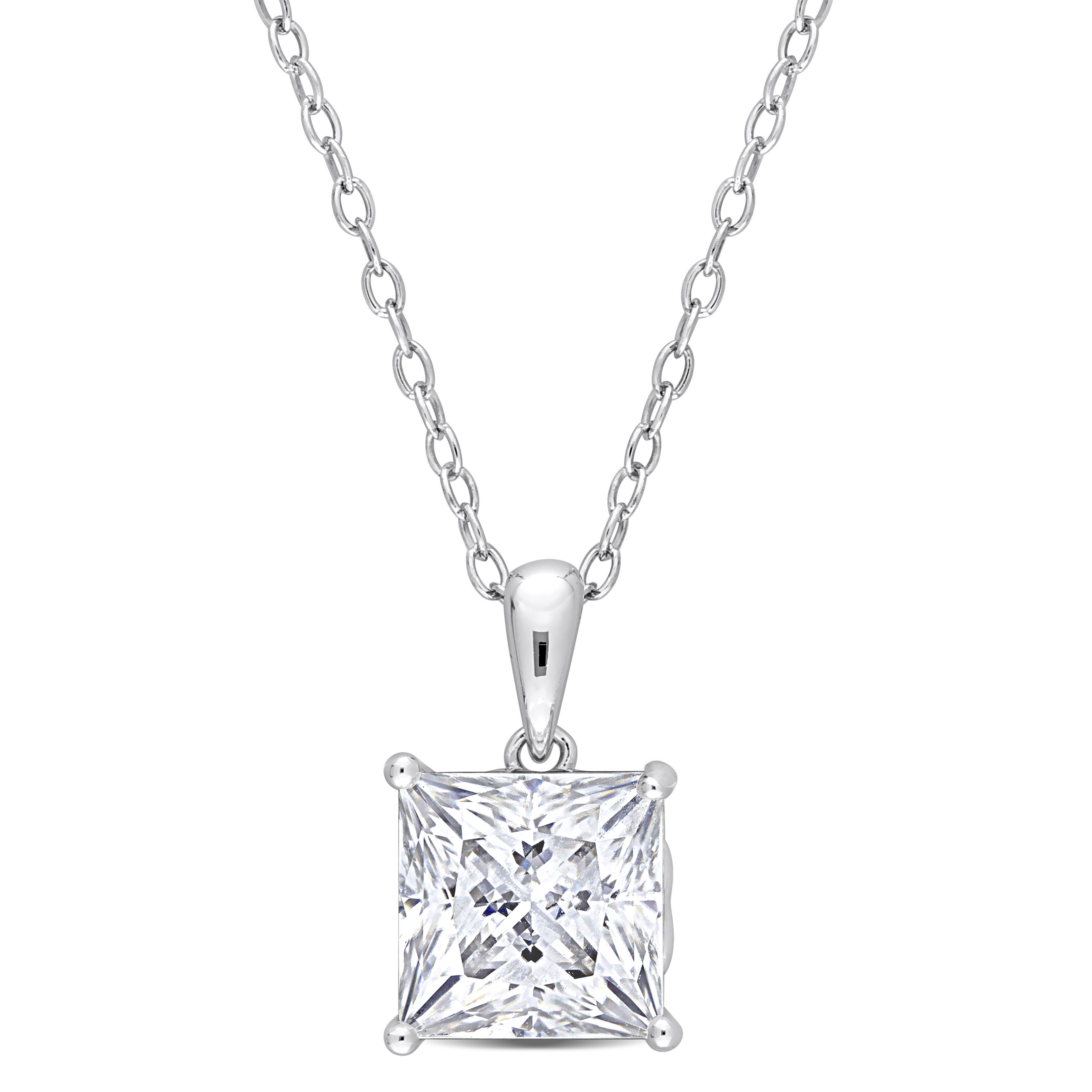 3 CT TGW Princess Cut Created Moissanite Solitaire Pendant with Heart Detail and Chain in Sterling Silver - 18 in.