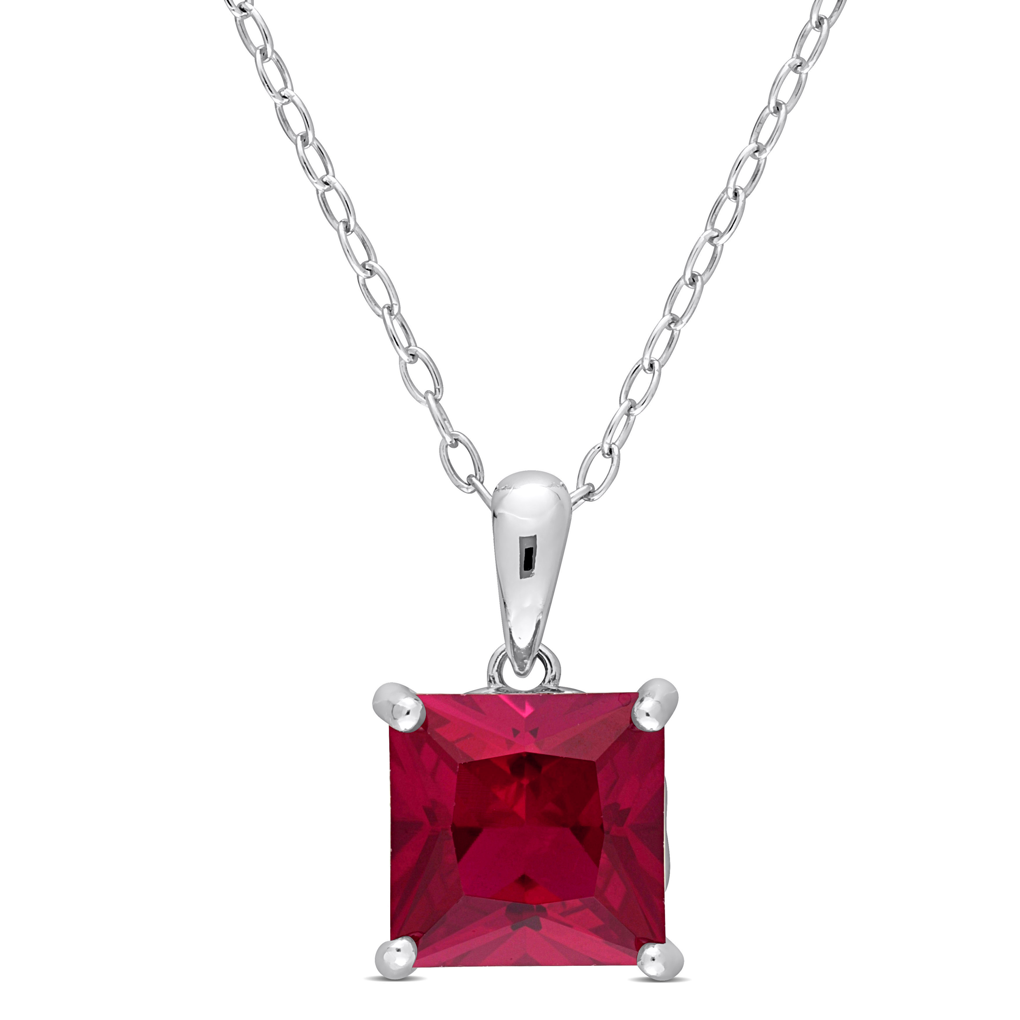 3.06 CT TGW Princess Cut Created Ruby Solitaire Heart Design Pendant with Chain in Sterling Silver - 18 in.