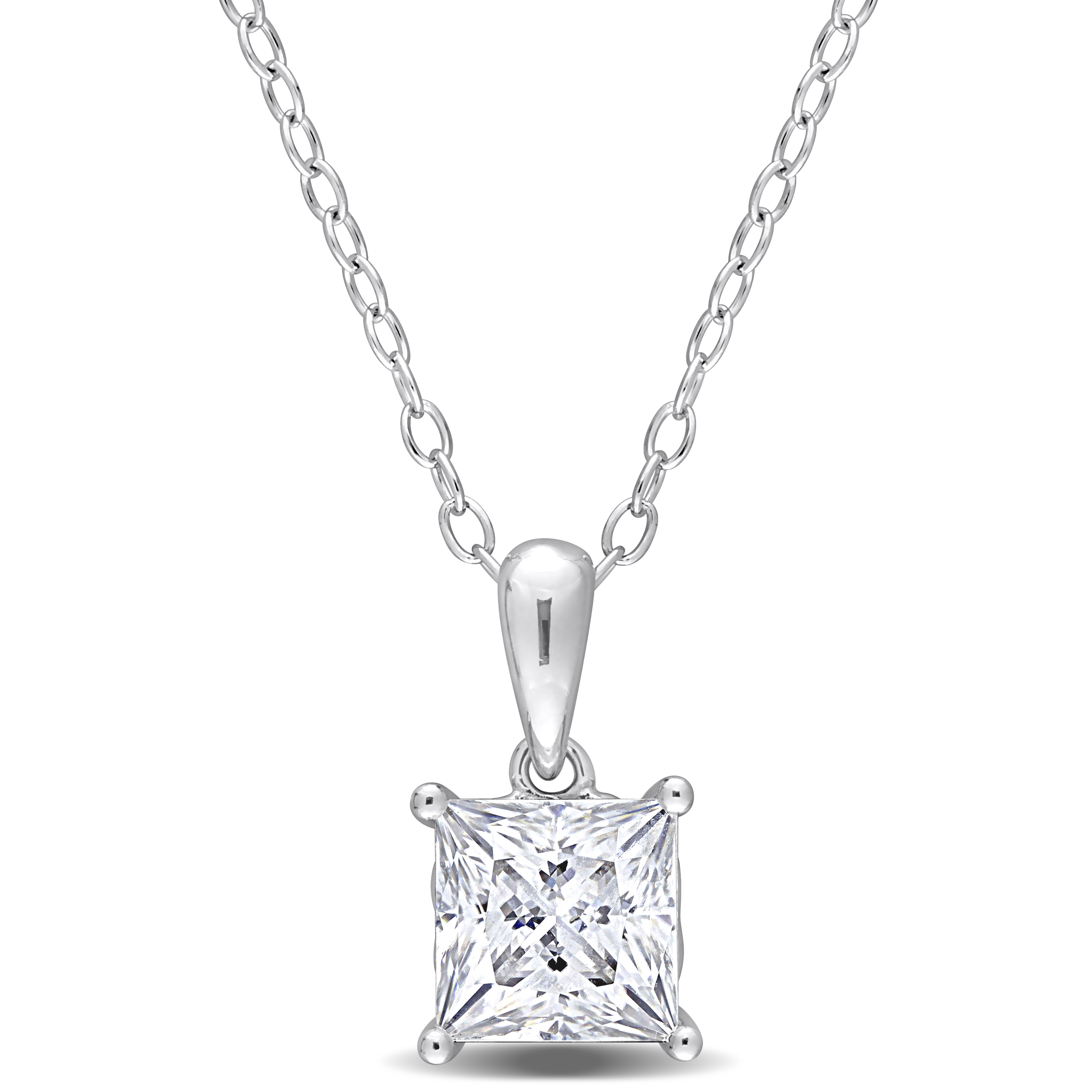 1 1/4 CT TGW Princess Cut Created Moissanite Solitaire Pendant with Heart Detail and Chain in Sterling Silver - 18 in.