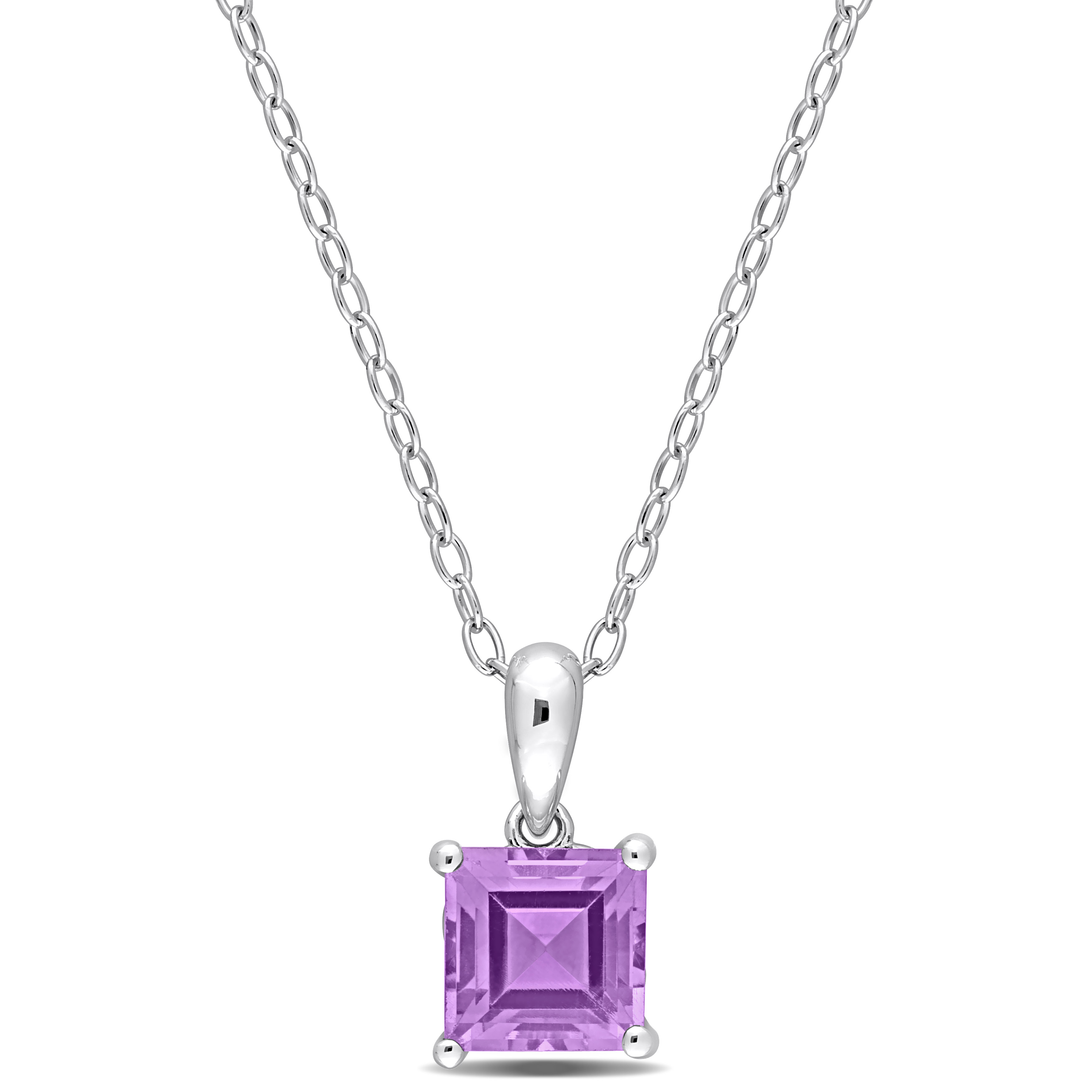 1 CT TGW Princess Cut Amethyst Solitaire Heart Design Pendant with Chain in Sterling Silver - 18 in.
