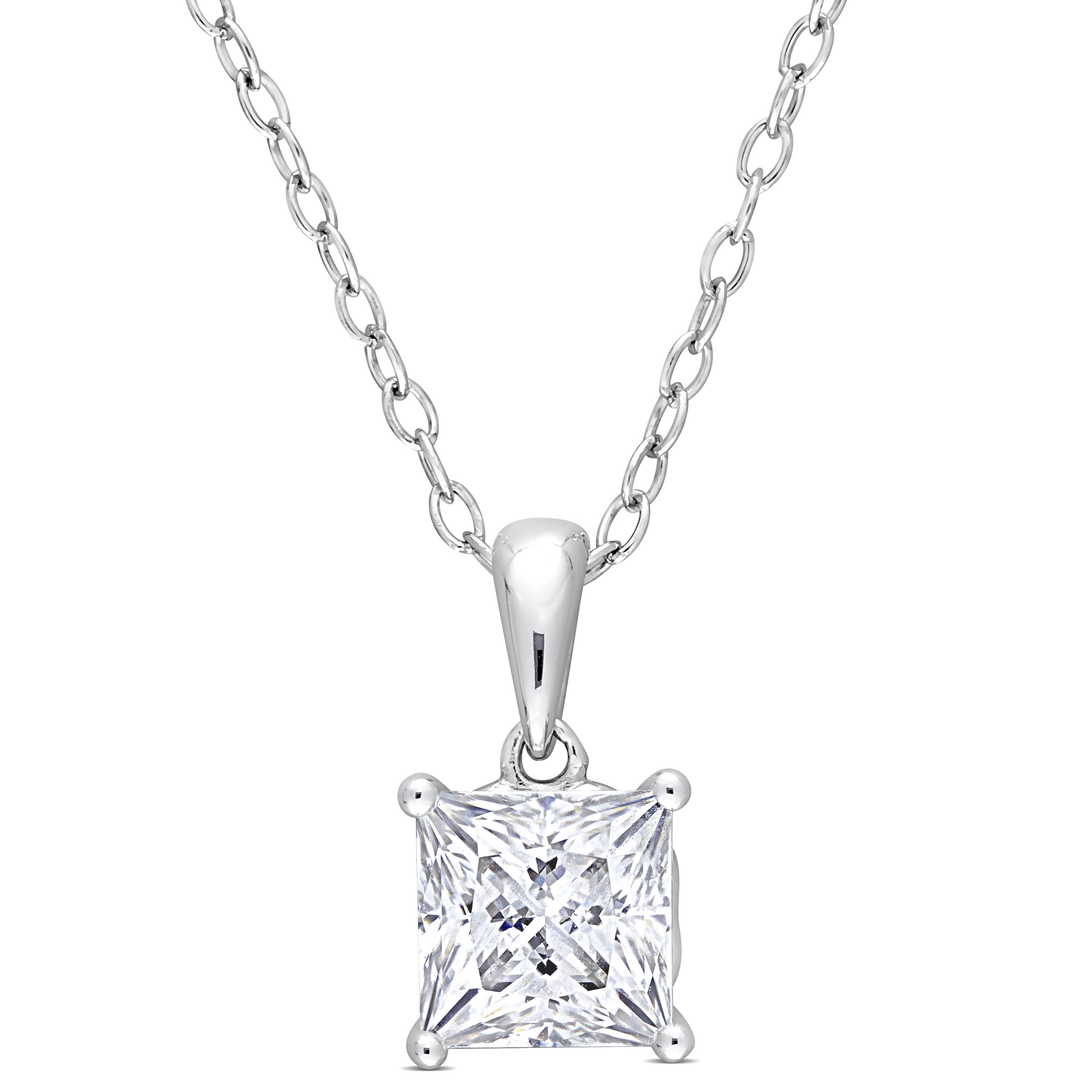 1 1/3 CT TGW Princess Cut Created White Sapphire Solitaire Heart Design Pendant with Chain in Sterling Silver - 18 in.