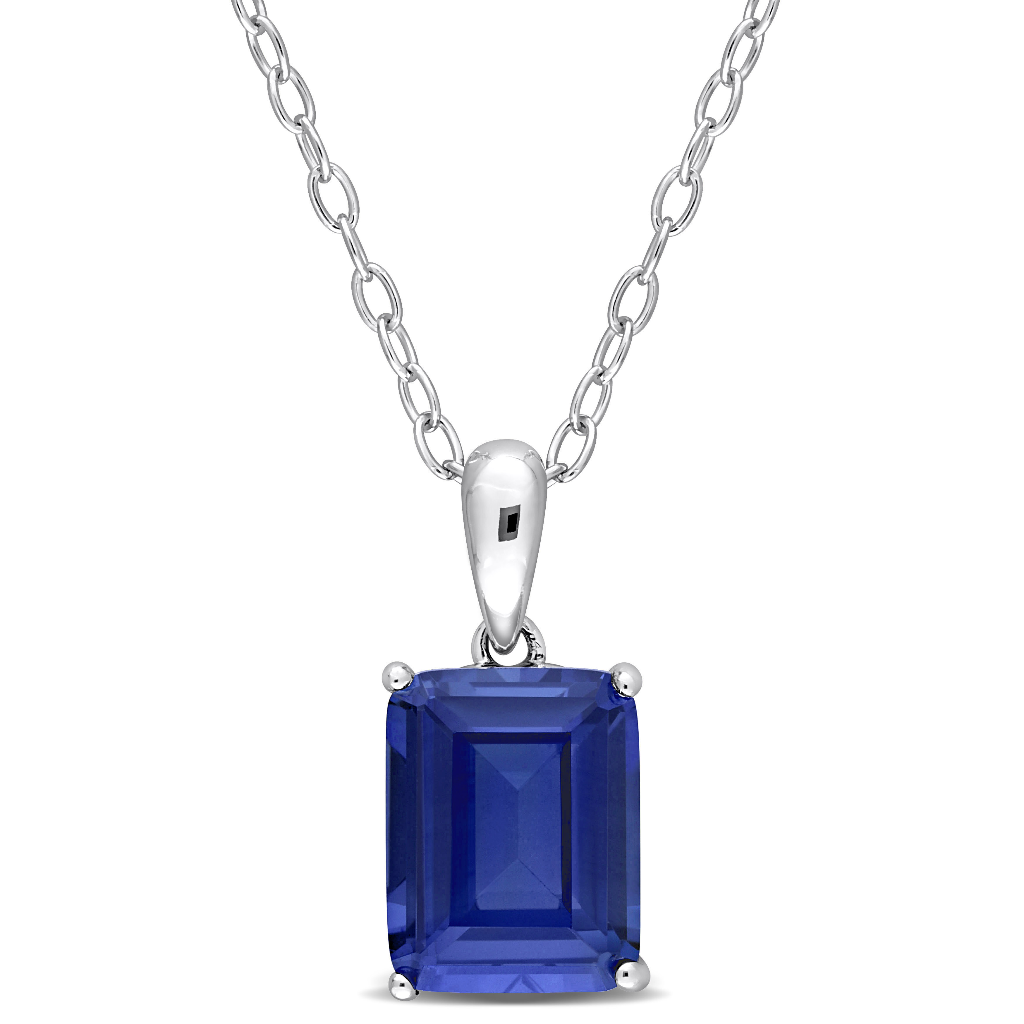 3 3/4 CT TGW Emerald Cut Created Blue Sapphire Solitaire Heart Design Pendant with Chain in Sterling Silver - 18 in.