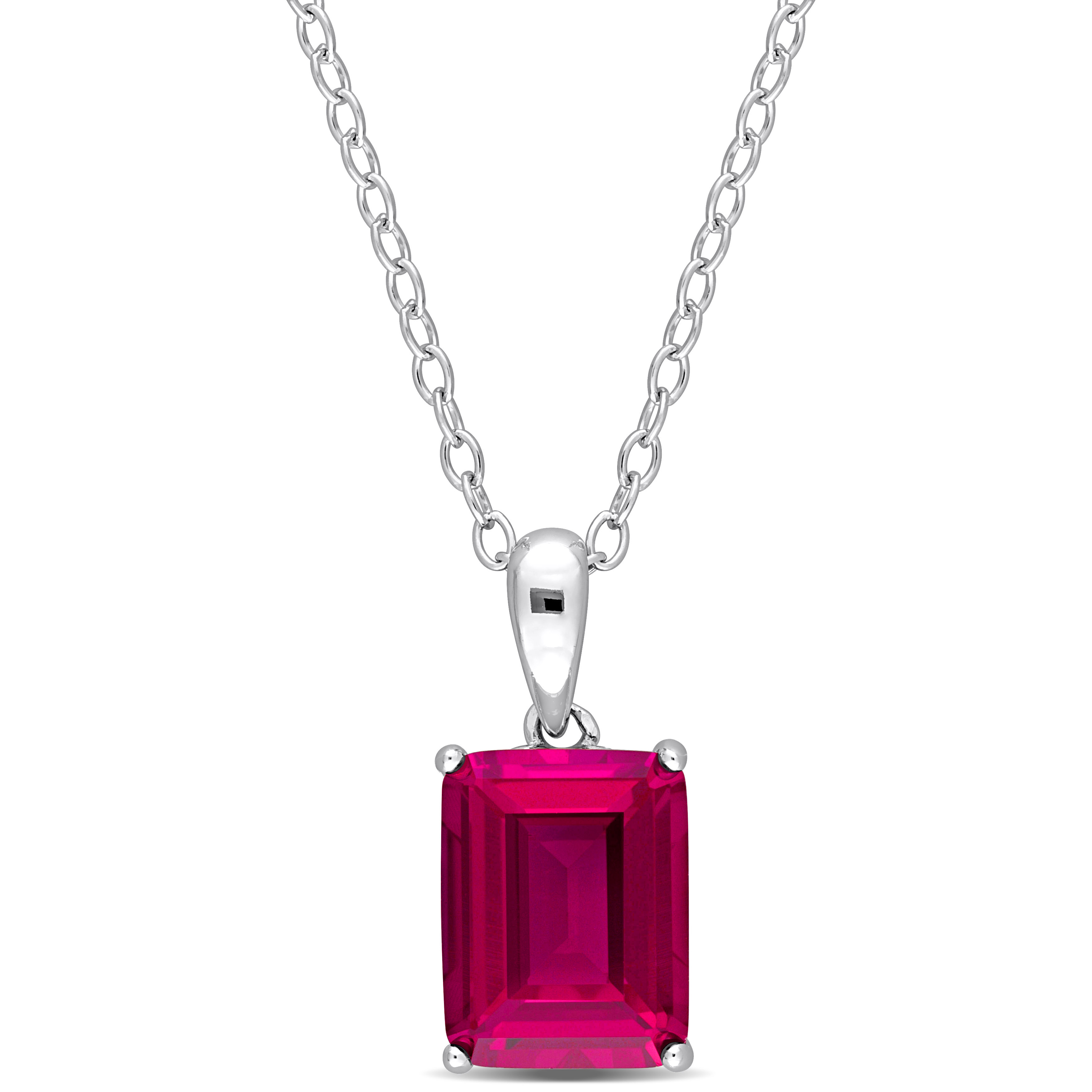3 3/4 CT TGW Emerald Cut Created Ruby Solitaire Heart Design Pendant with Chain in Sterling Silver - 18 in.