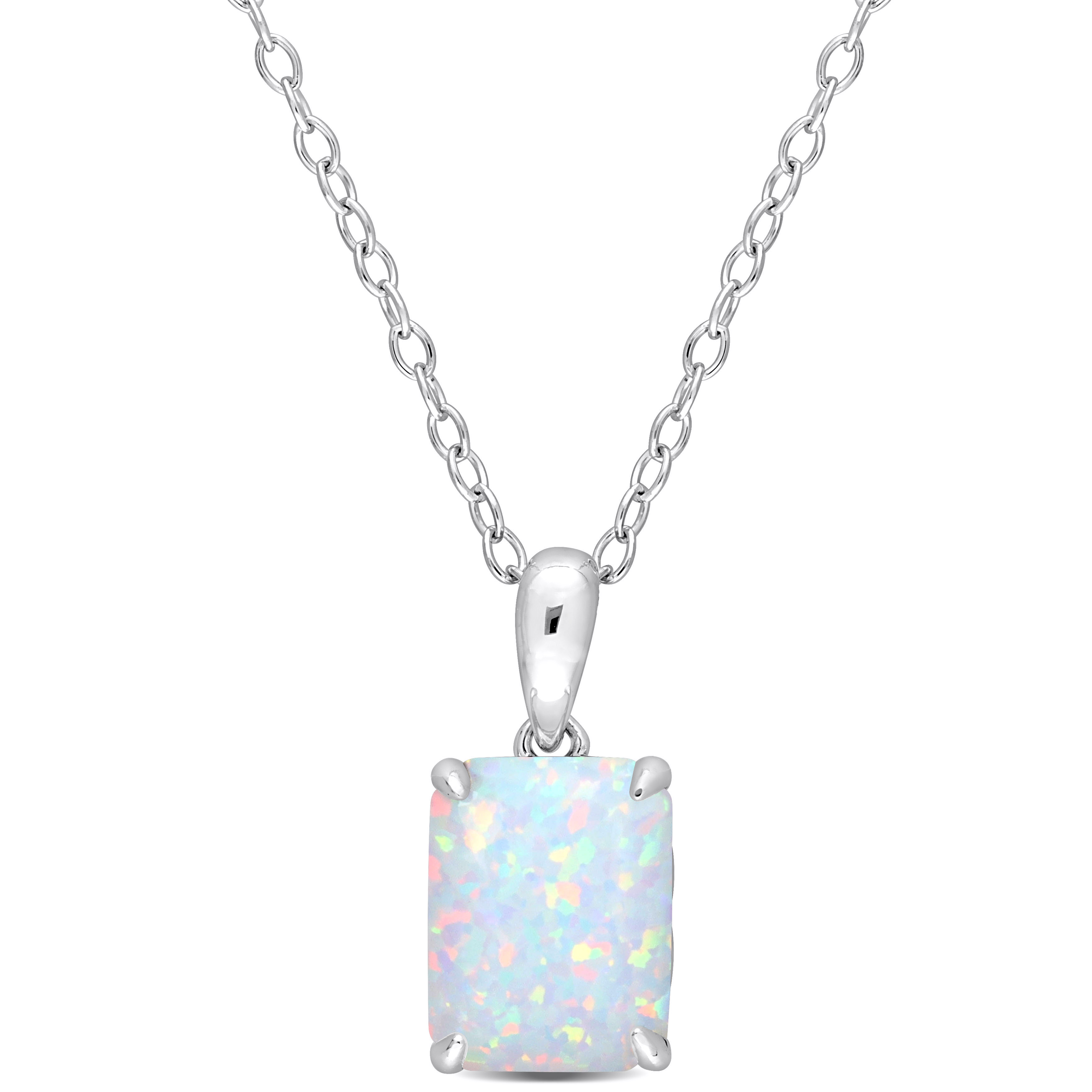 1 7/8 CT TGW Emerald Cut Created Opal Solitaire Heart Design Pendant with Chain in Sterling Silver - 18 in.