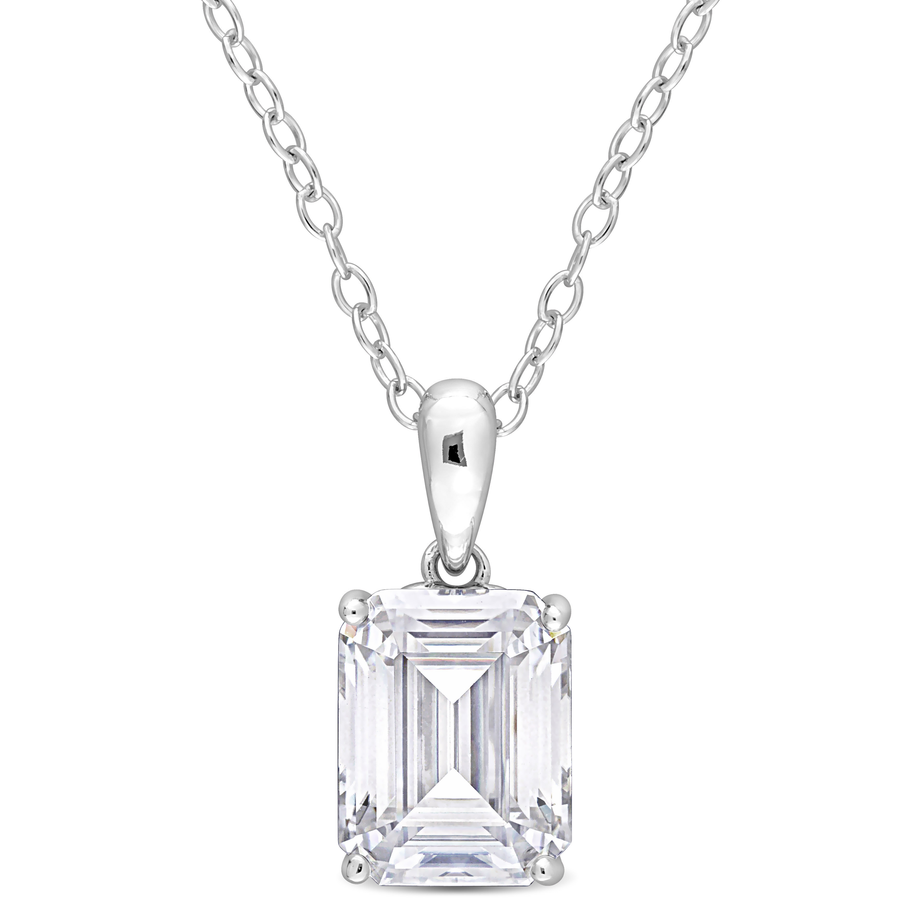 2 1/2 CT TGW Emerald Cut Created Moissanite Solitaire Pendant with Heart Detail and Chain in Sterling Silver - 18 in.