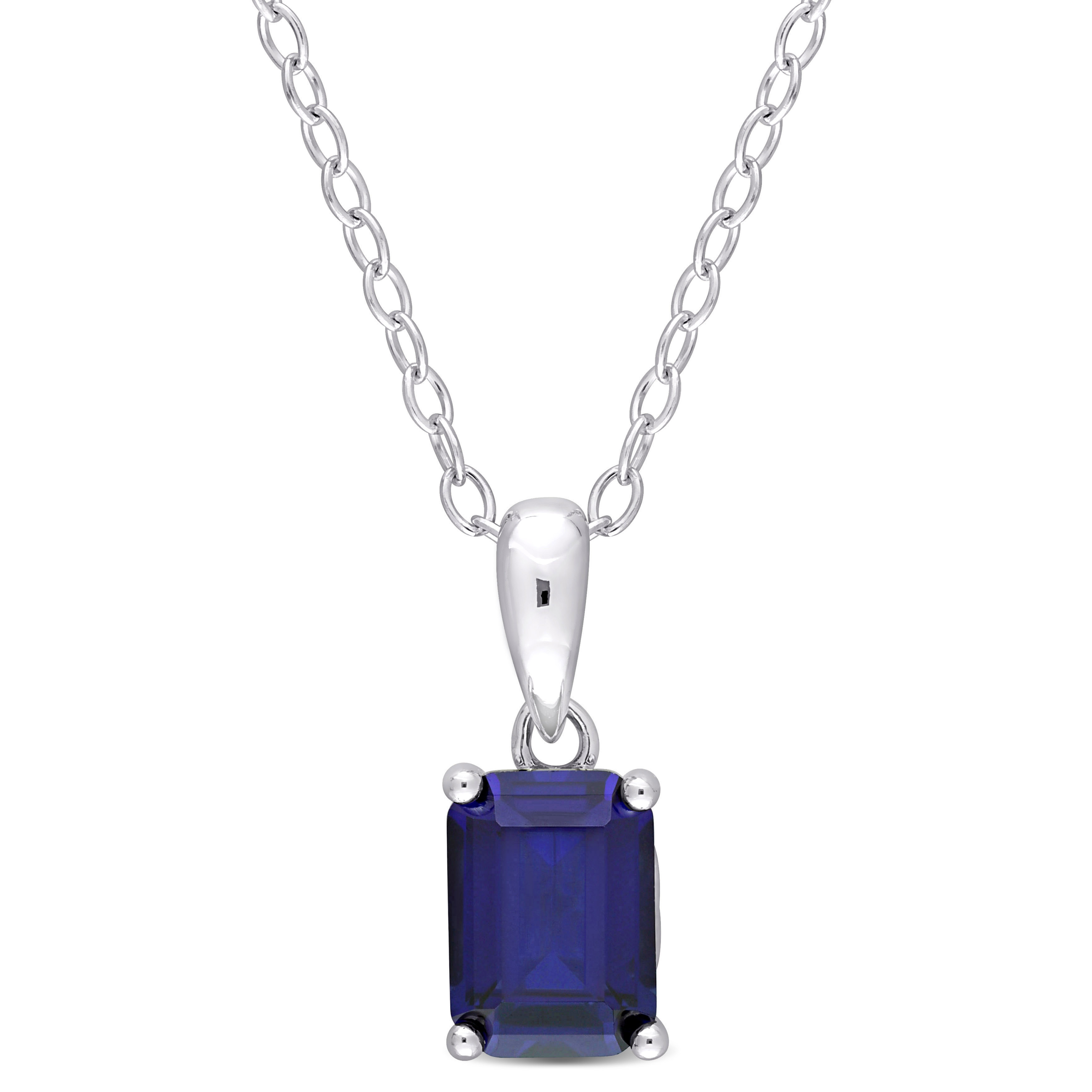 1 5/8 CT TGW Emerald Cut Created Blue Sapphire Solitaire Heart Design Pendant with Chain in Sterling Silver - 18 in.