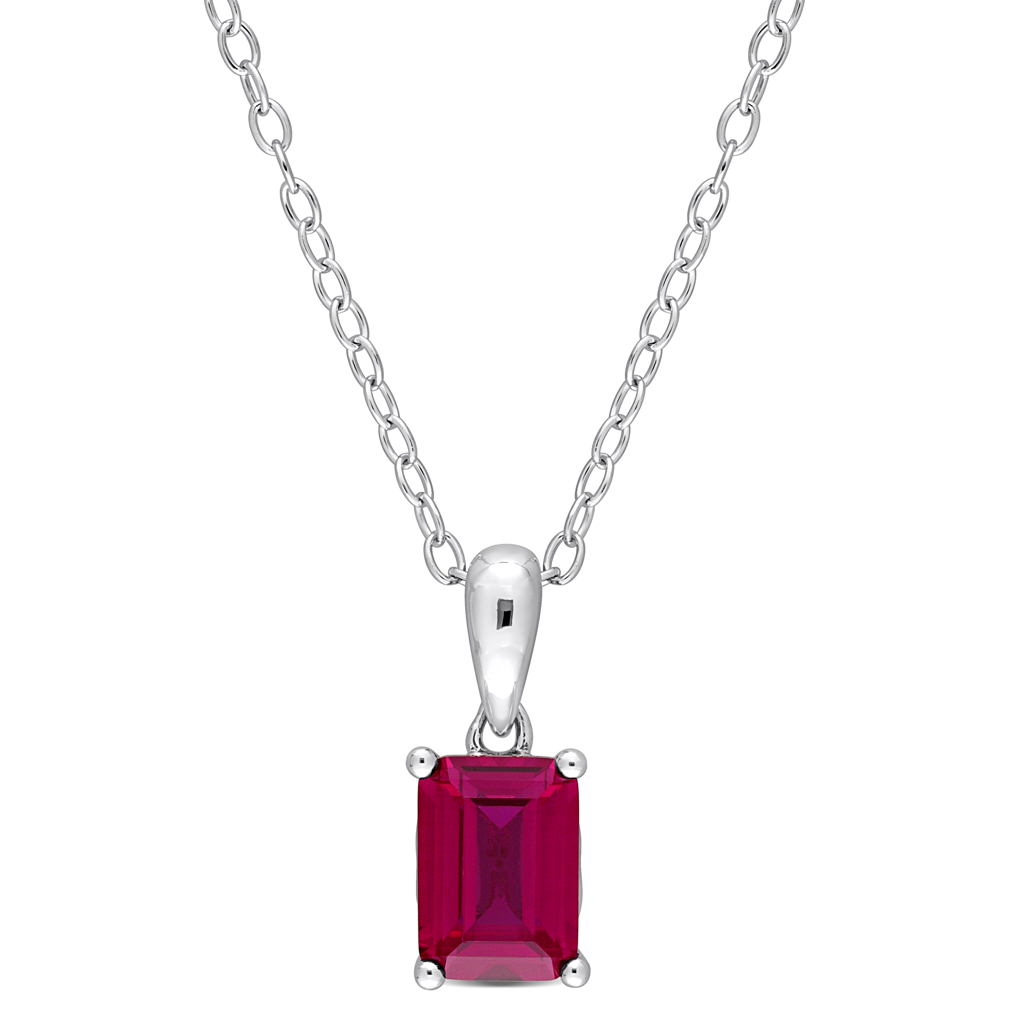 1 5/8 CT TGW Emerald Cut Created Ruby Solitaire Heart Design Pendant with Chain in Sterling Silver - 18 in.