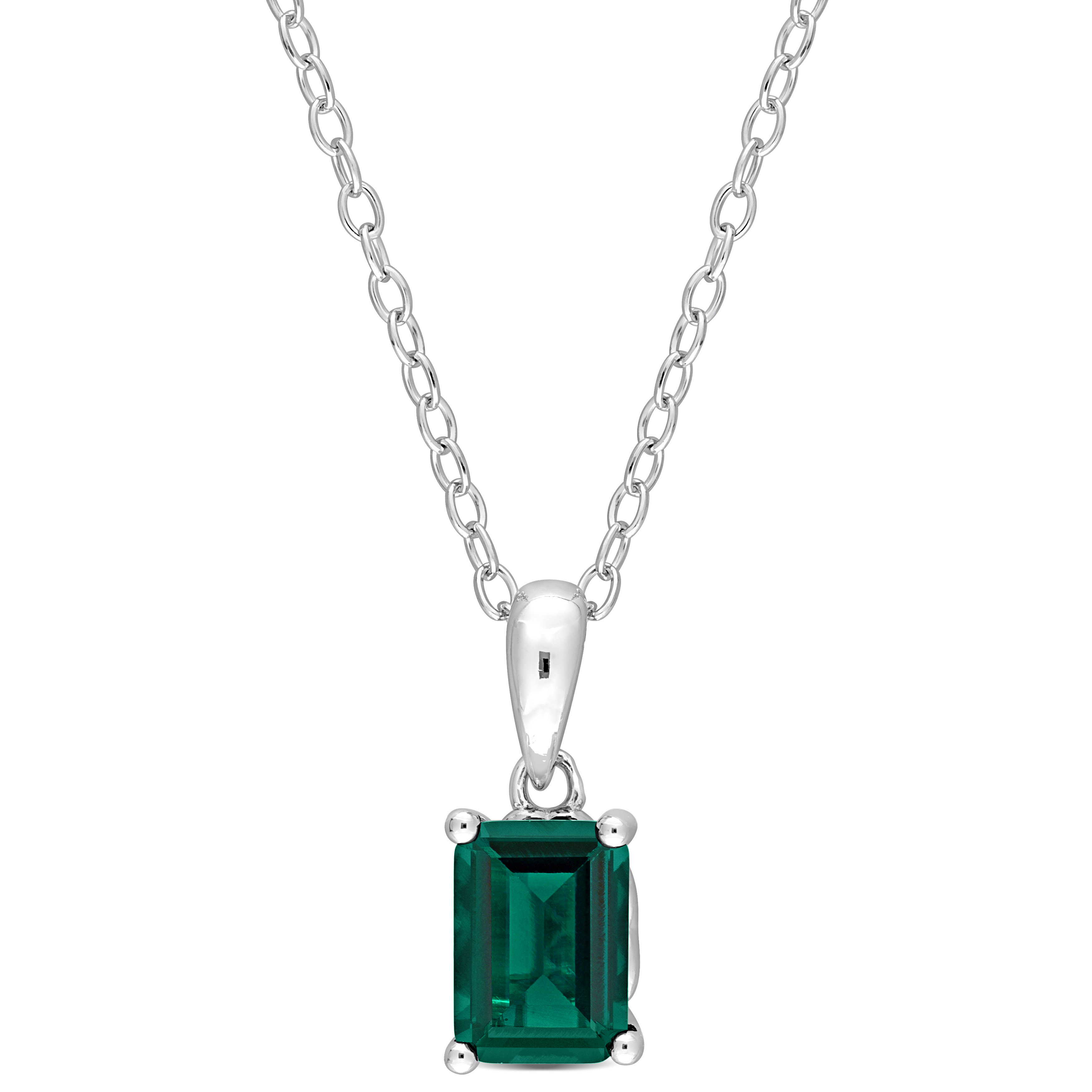 7/8 CT TGW Emerald Cut Created Emerald Solitaire Heart Design Pendant with Chain in Sterling Silver - 18 in.
