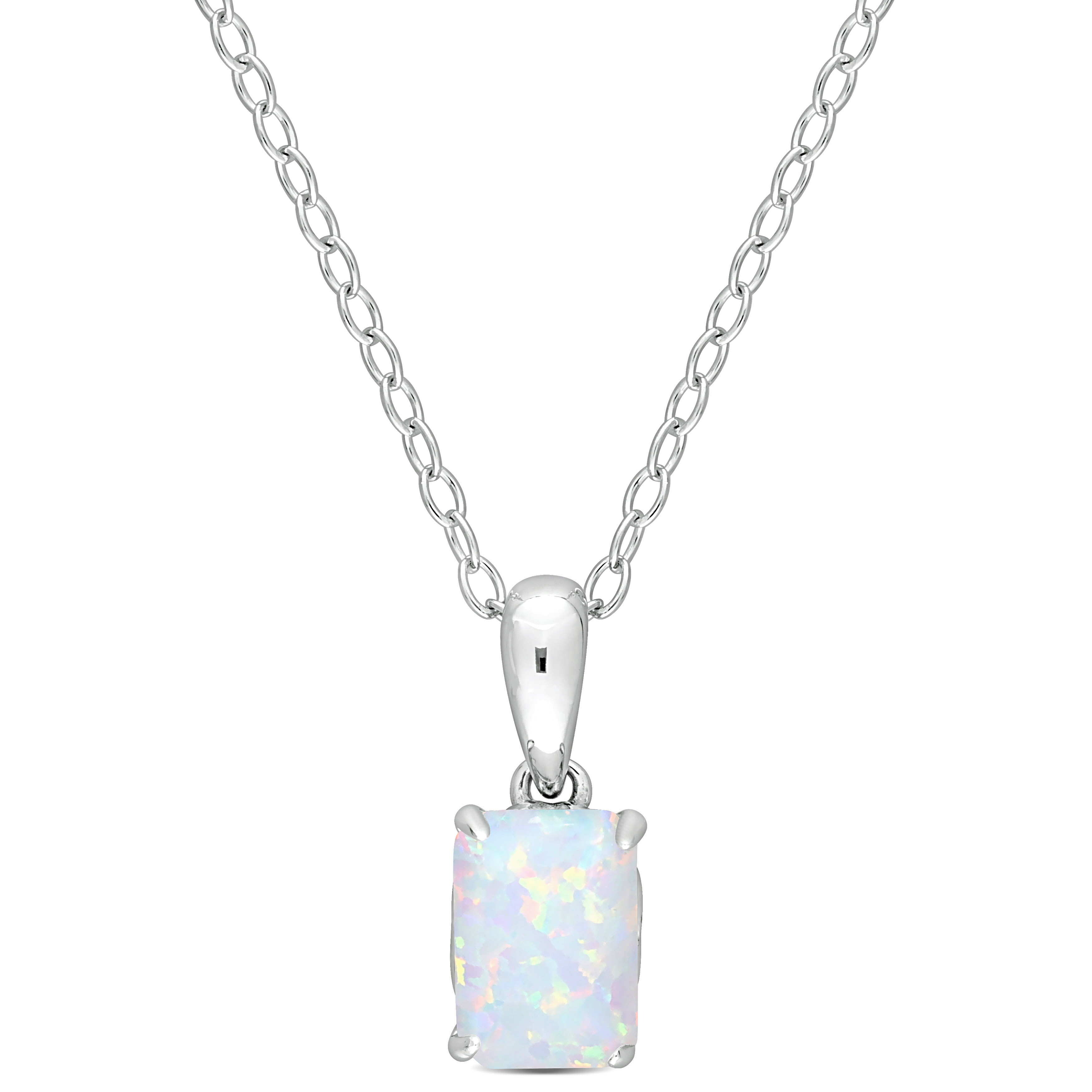 3/4 CT TGW Emerald Cut Created Opal Solitaire Heart Design Pendant with Chain in Sterling Silver - 18 in.