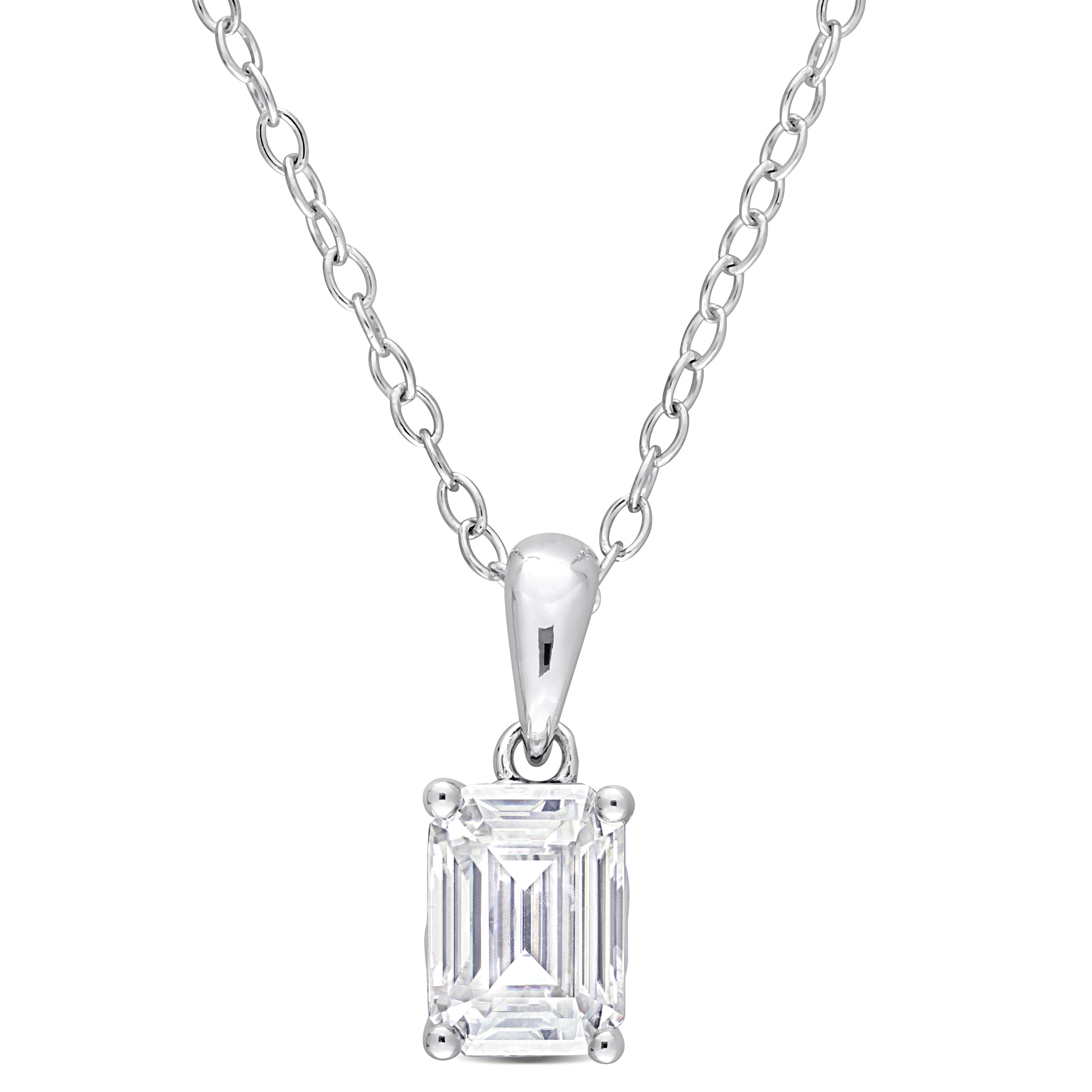 1 CT TGW Emerald Cut Created Moissanite Solitaire Pendant with Heart Detail and Chain in Sterling Silver - 18 in.