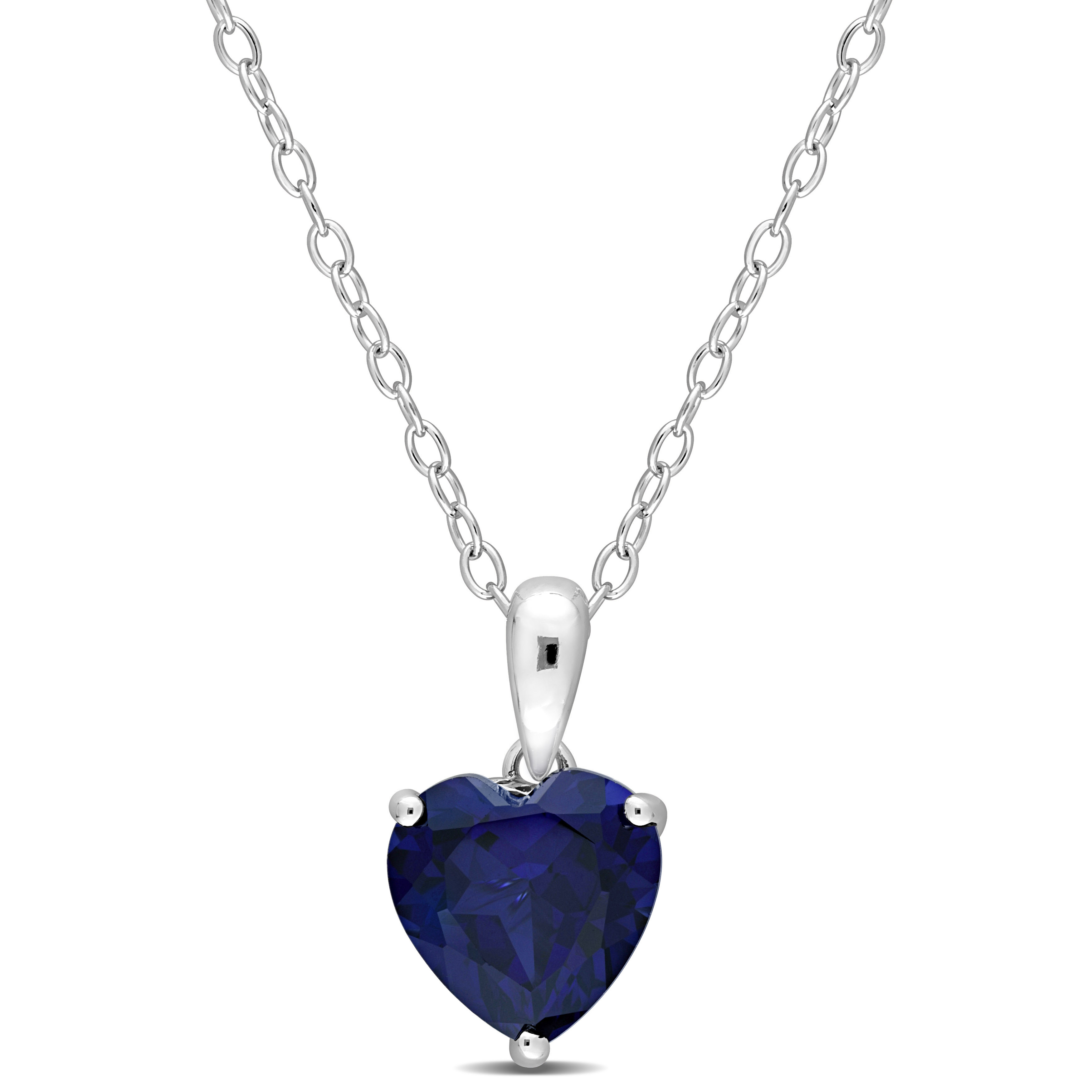 2 1/4 CT TGW Heart Shape Created Blue Sapphire Solitaire Heart Design Pendant with Chain in Sterling Silver - 18 in.