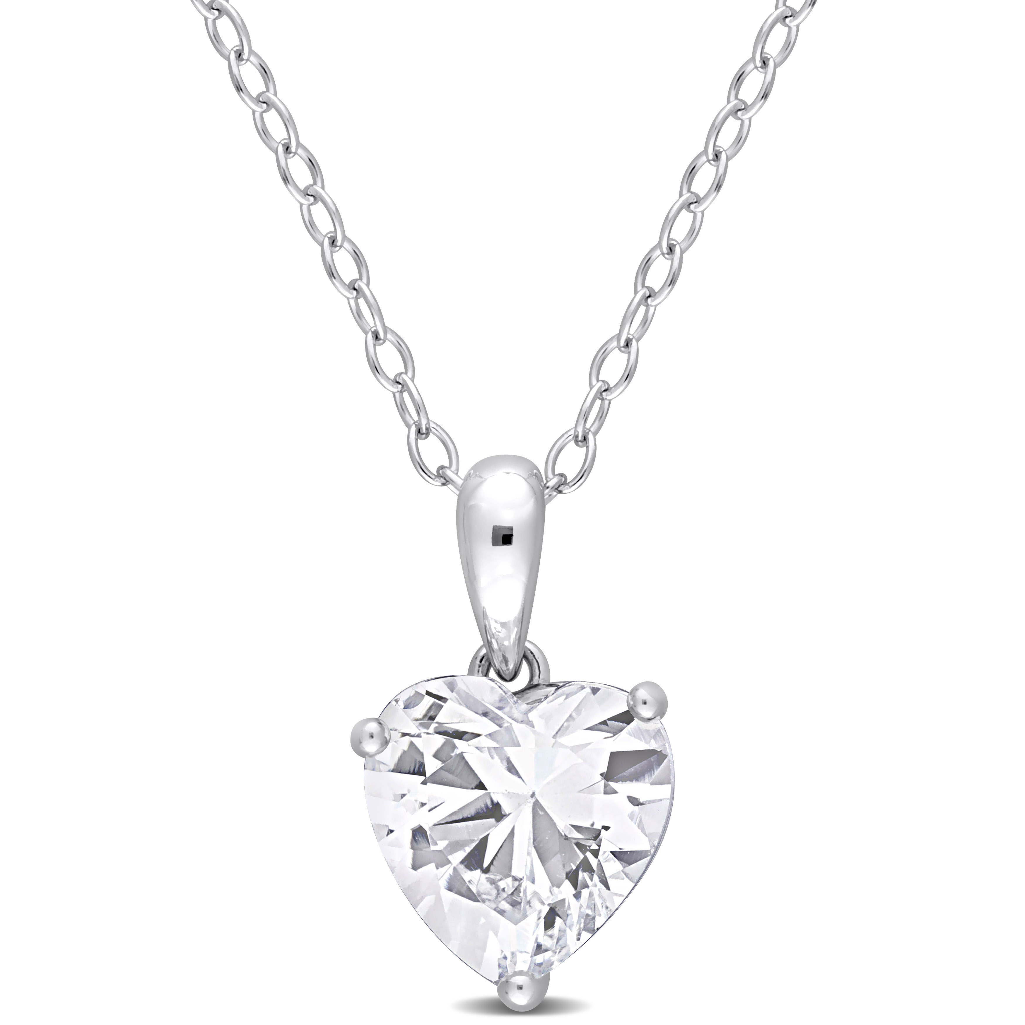 2 1/4 CT TGW Heart Shape Created White Sapphire Solitaire Heart Design Pendant with Chain in Sterling Silver - 18 in.