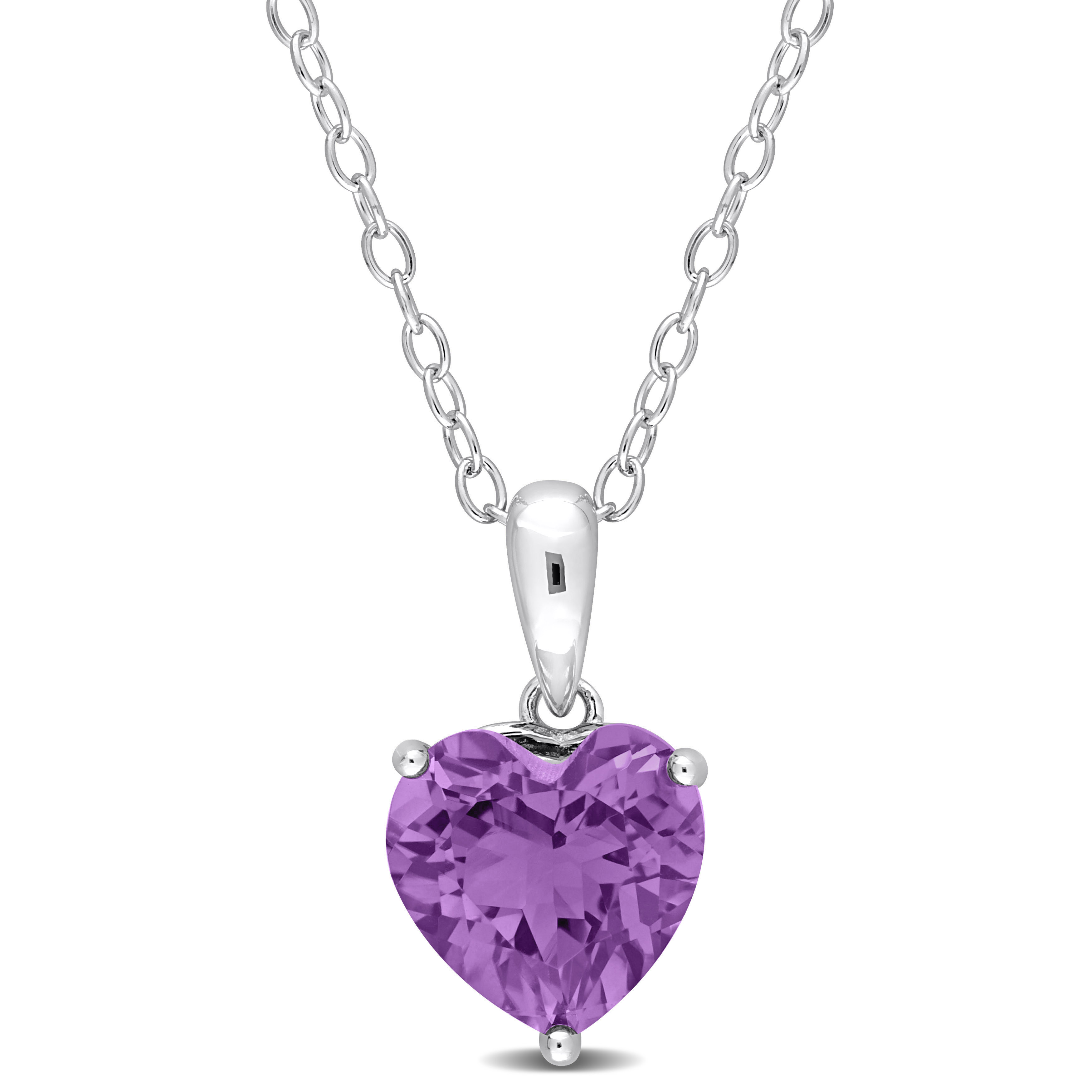 1 1/2 CT TGW Heart Shape Amethyst Solitaire Heart Design Pendant with Chain in Sterling Silver - 18 in.