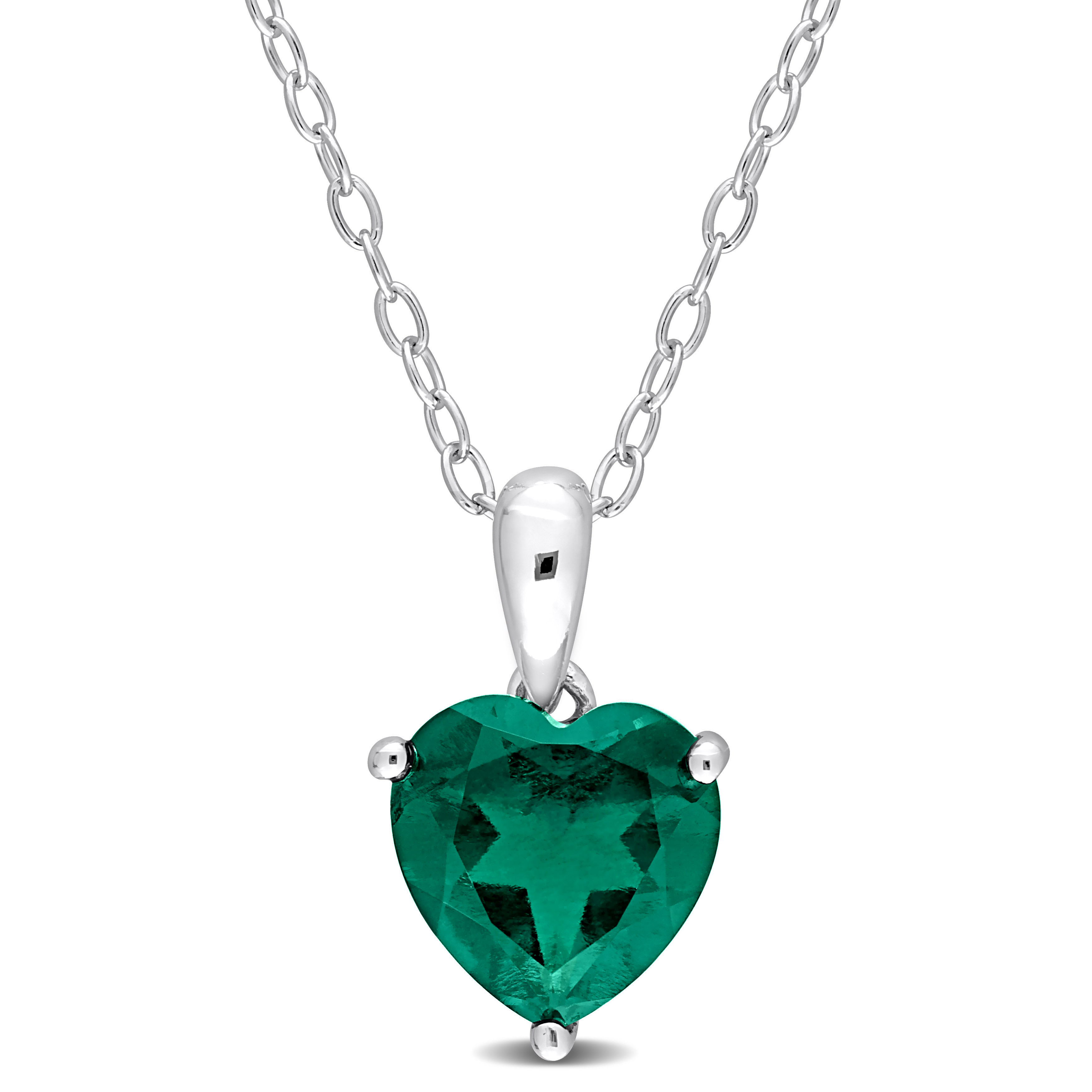 1 1/2 CT TGW Heart Shape Created Emerald Solitaire Heart Design Pendant with Chain in Sterling Silver - 18 in.