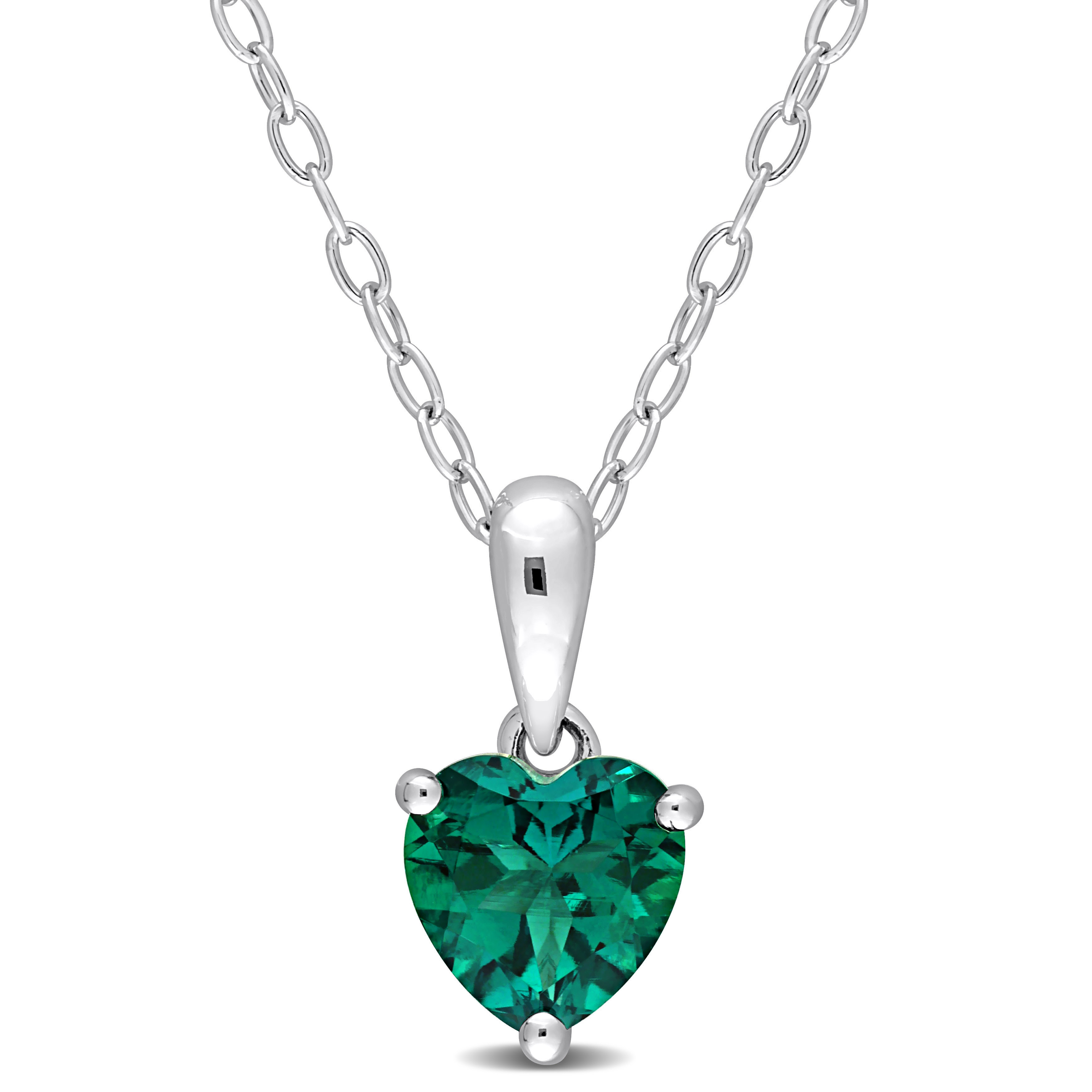 3/4 CT TGW Heart Shape Created Emerald Solitaire Heart Design Pendant with Chain in Sterling Silver - 18 in.