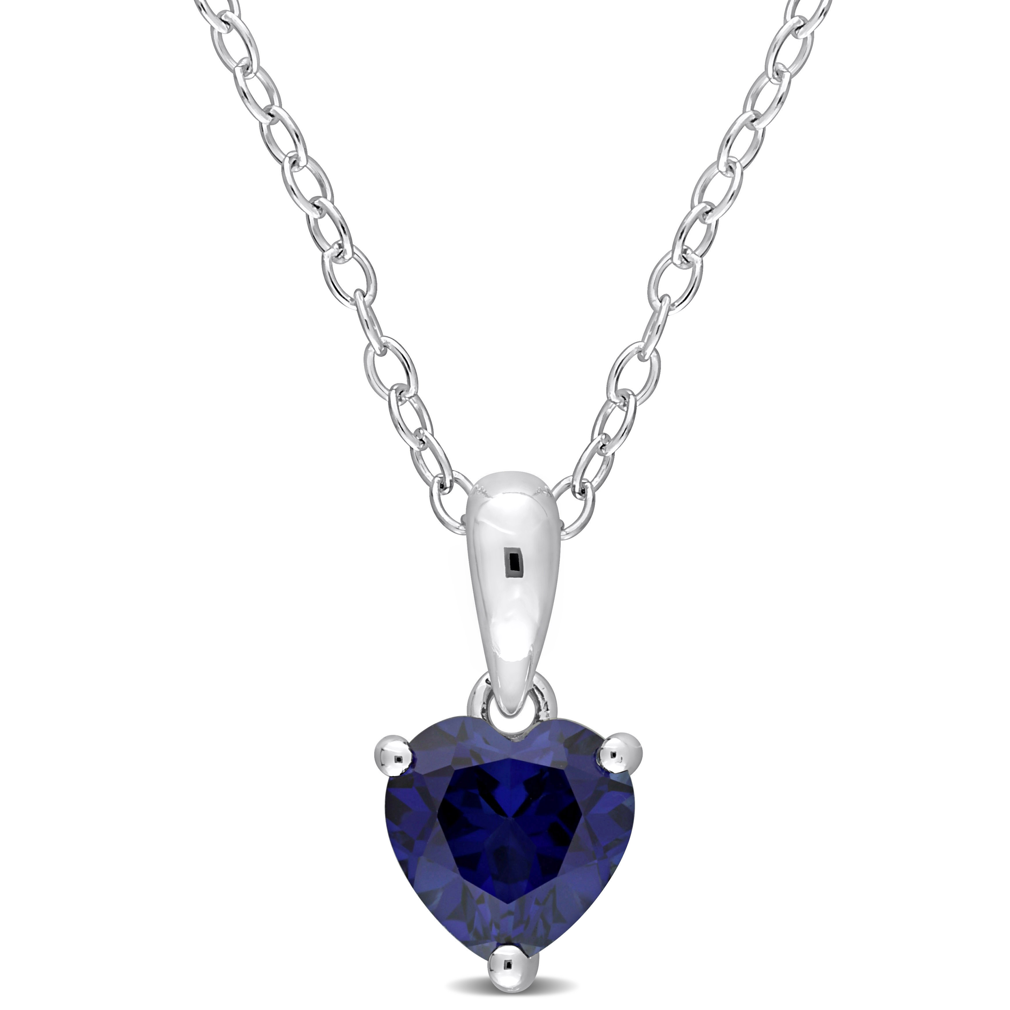 7/8 CT TGW Heart Shape Created Blue Sapphire Solitaire Heart Design Pendant with Chain in Sterling Silver - 18 in.