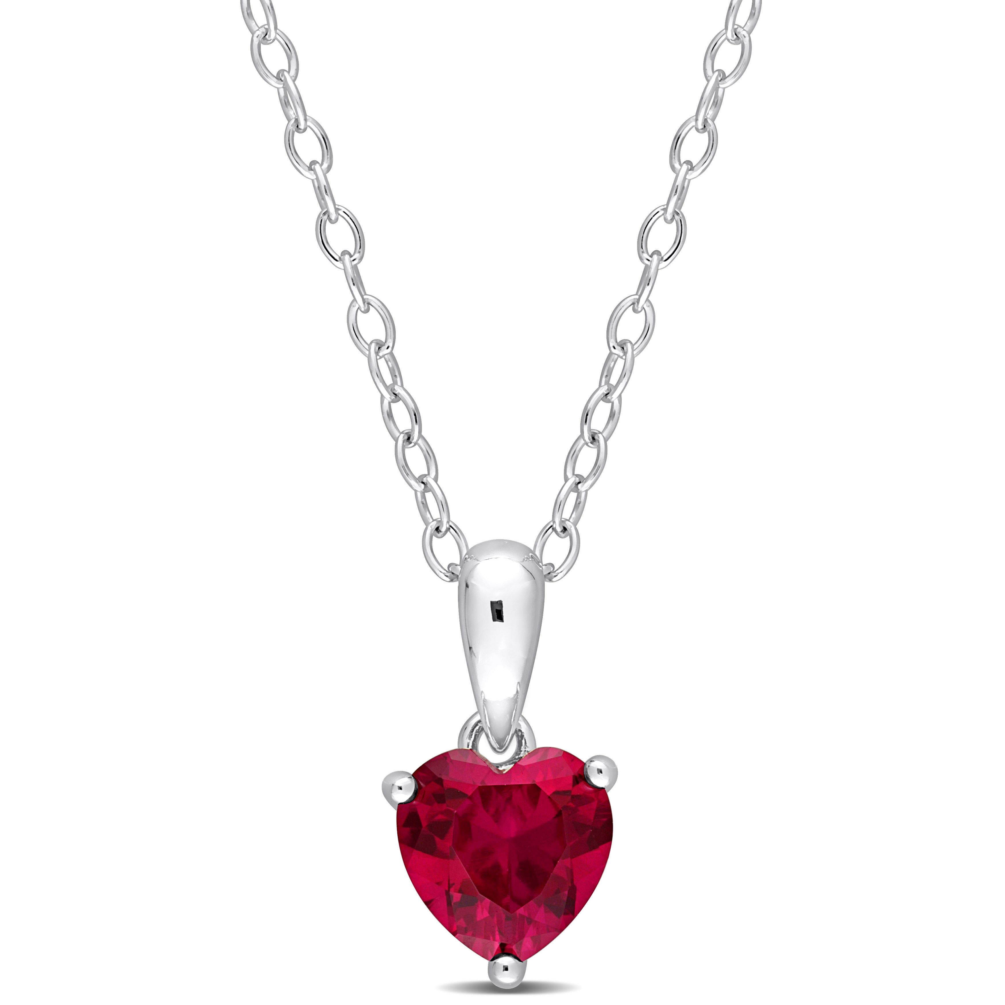 1 CT TGW Heart Shape Created Ruby Solitaire Heart Design Pendant with Chain in Sterling Silver - 18 in.