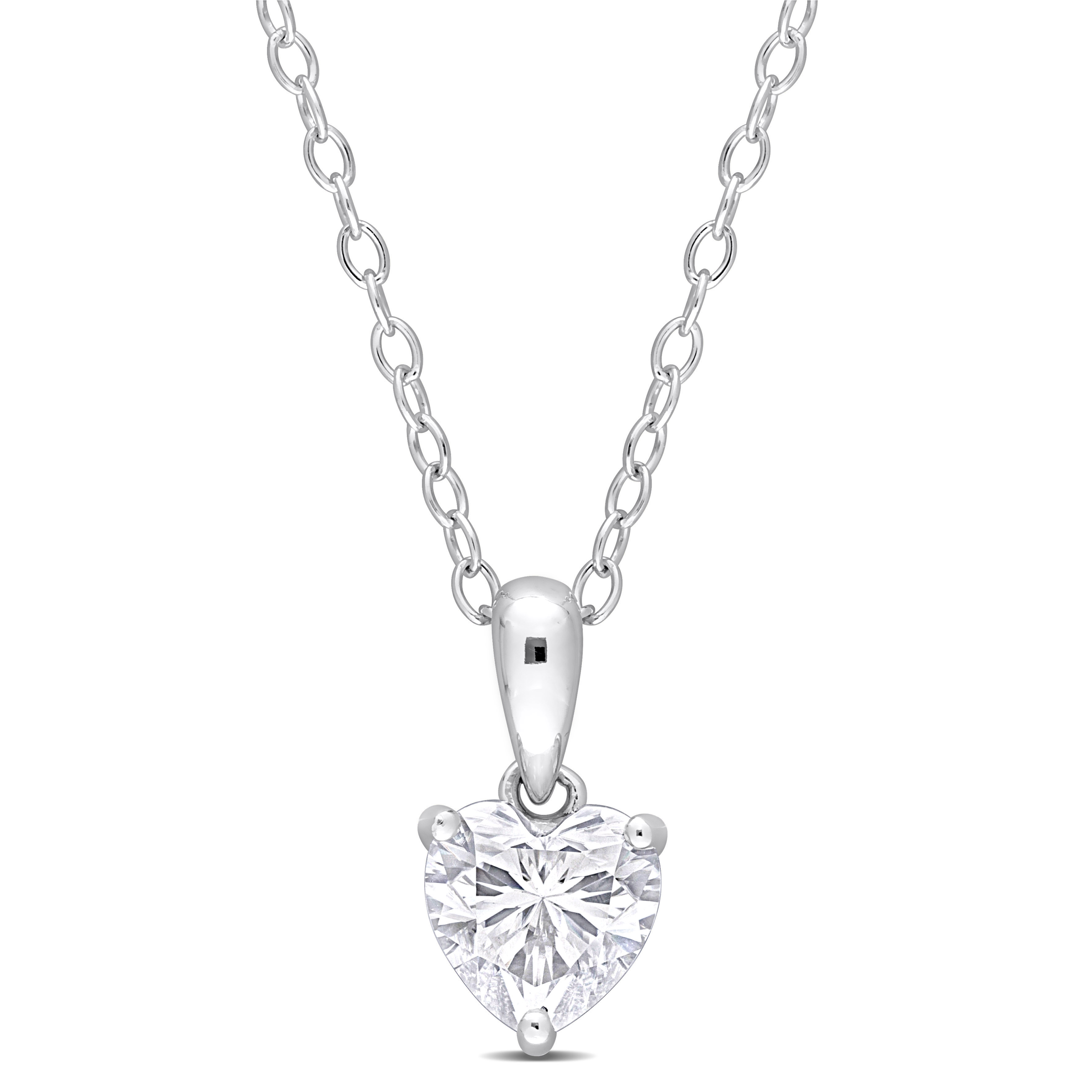 3/4 CT TGW Heart Shape Created Moissanite Solitaire Pendant with Heart Detail and Chain in Sterling Silver - 18 in.