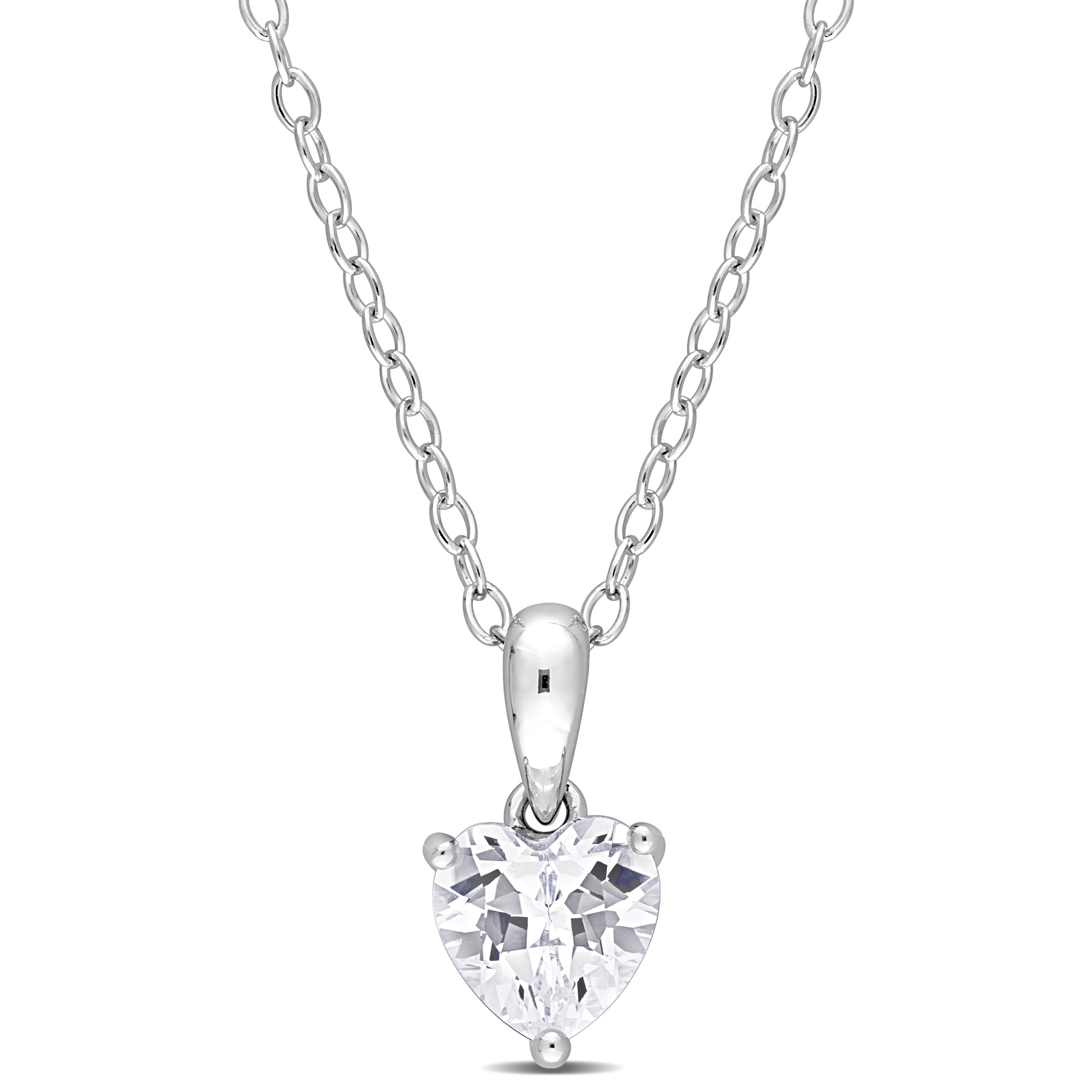 7/8 CT TGW Heart Shape Created White Sapphire Solitaire Heart Design Pendant with Chain in Sterling Silver - 18 in.