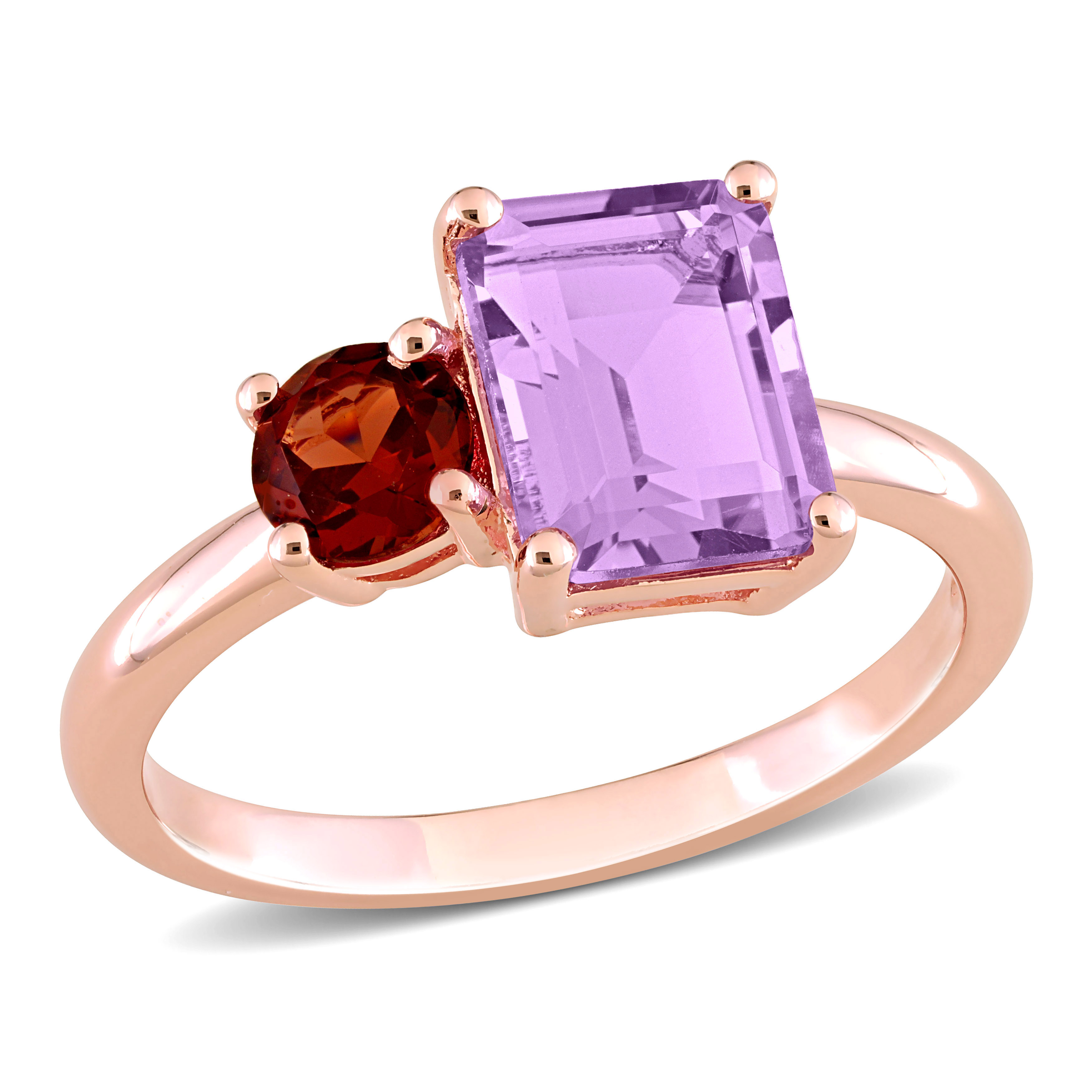 2 4/5 CT TGW Octagon Amethyst and Garnet Ring in Rose Gold Plated Sterling Silver