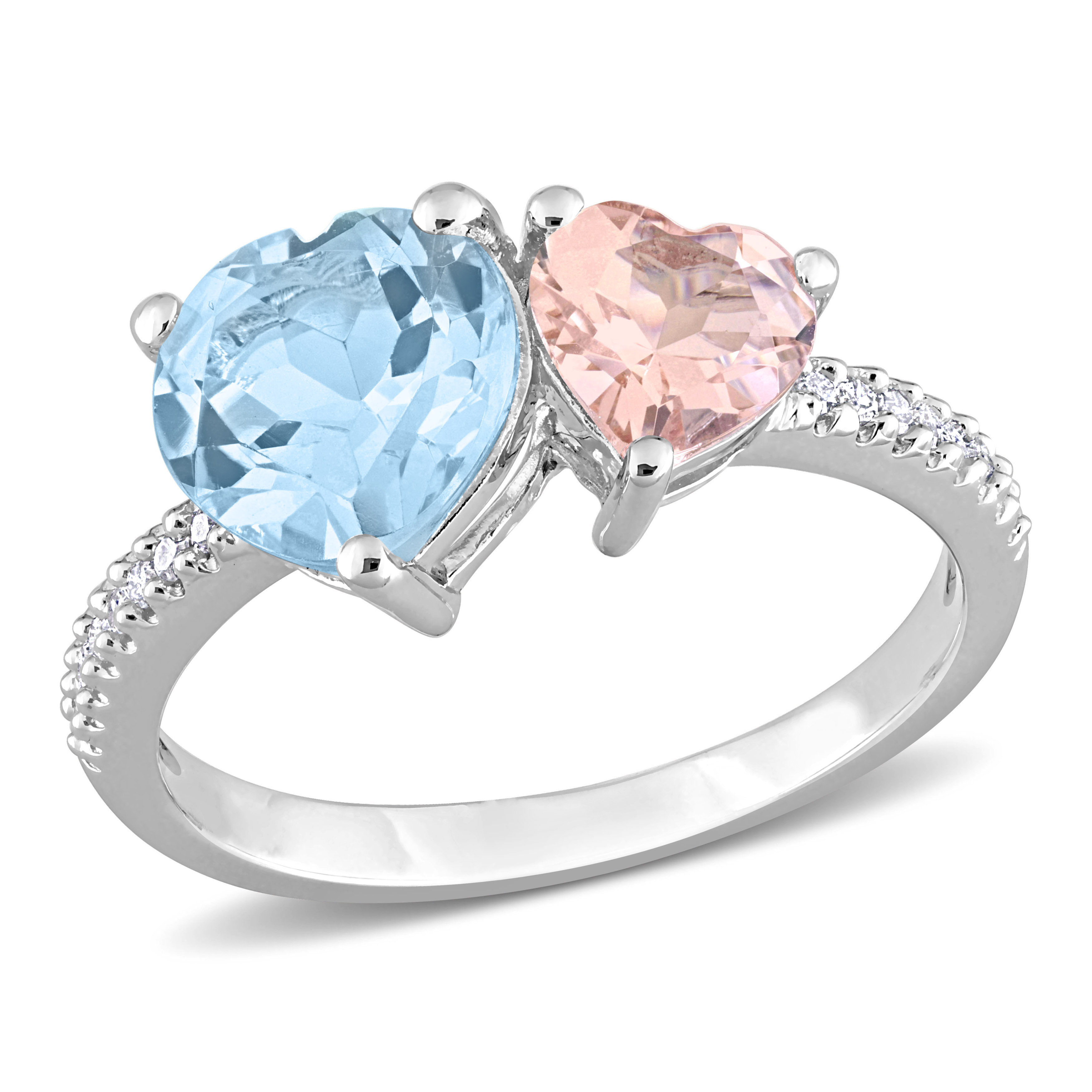 2 5/8 CT TGW Sky Blue Topaz and Morganite with 1/10 CT TW Diamond 2-Stone Toi et Moi Ring in Sterling Silver