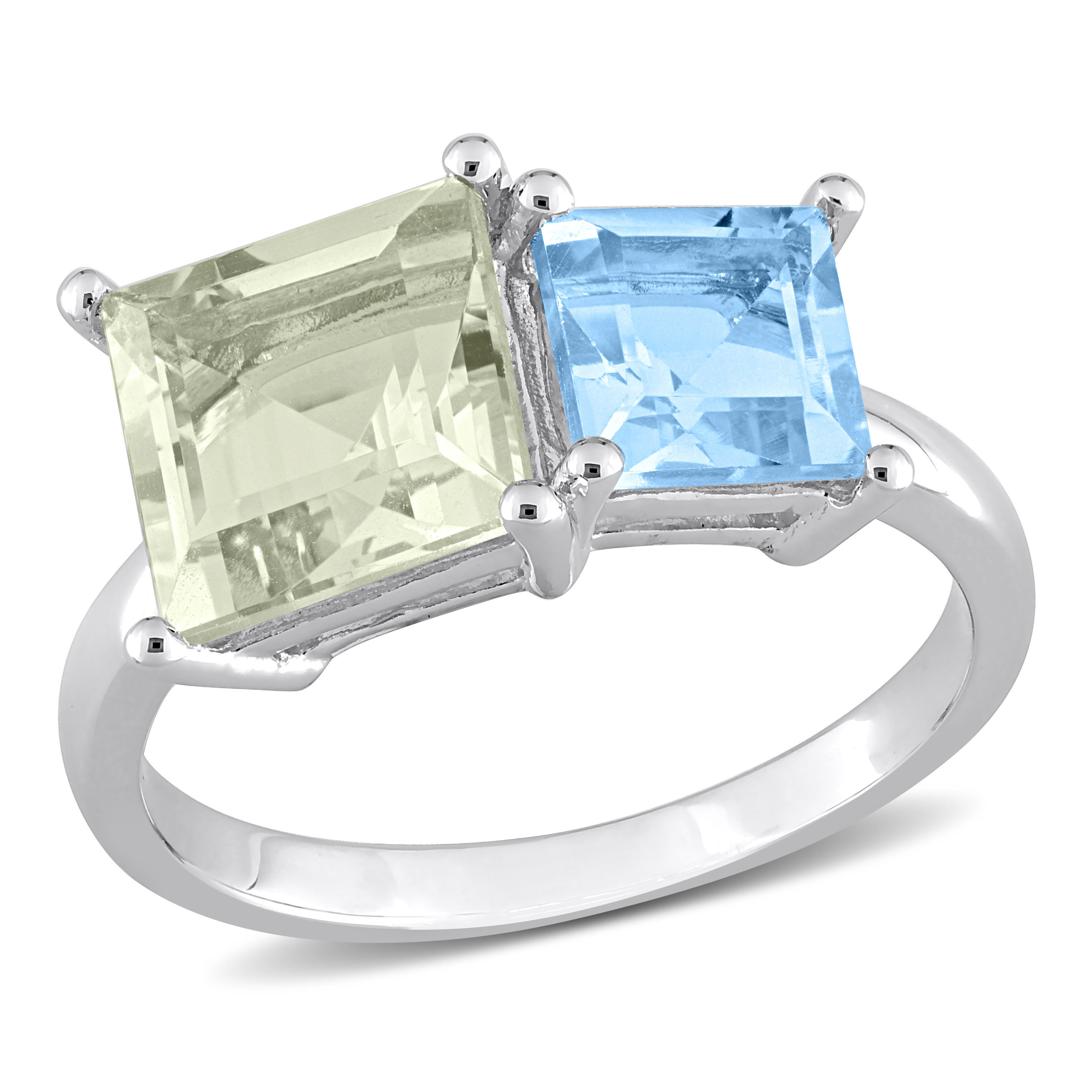 3 3/4 CT TGW Square Green Quartz and Sky Blue Topaz Ring in Sterling Silver