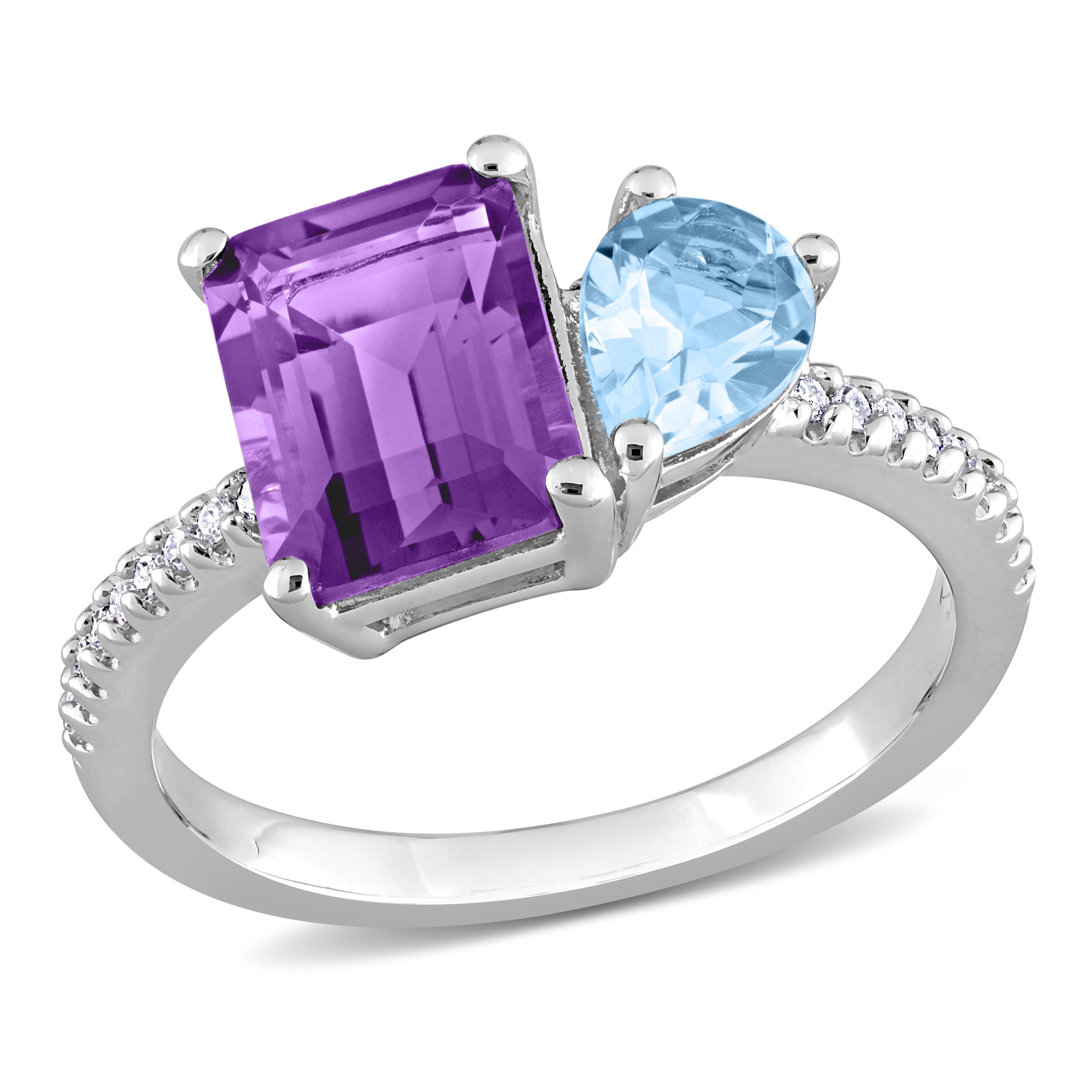 3 1/10 CT TGW Sky Blue Topaz and Amethyst with 1/10 CT TDW Diamond 2-Stone Toi et Moi Ring in Sterling Silver