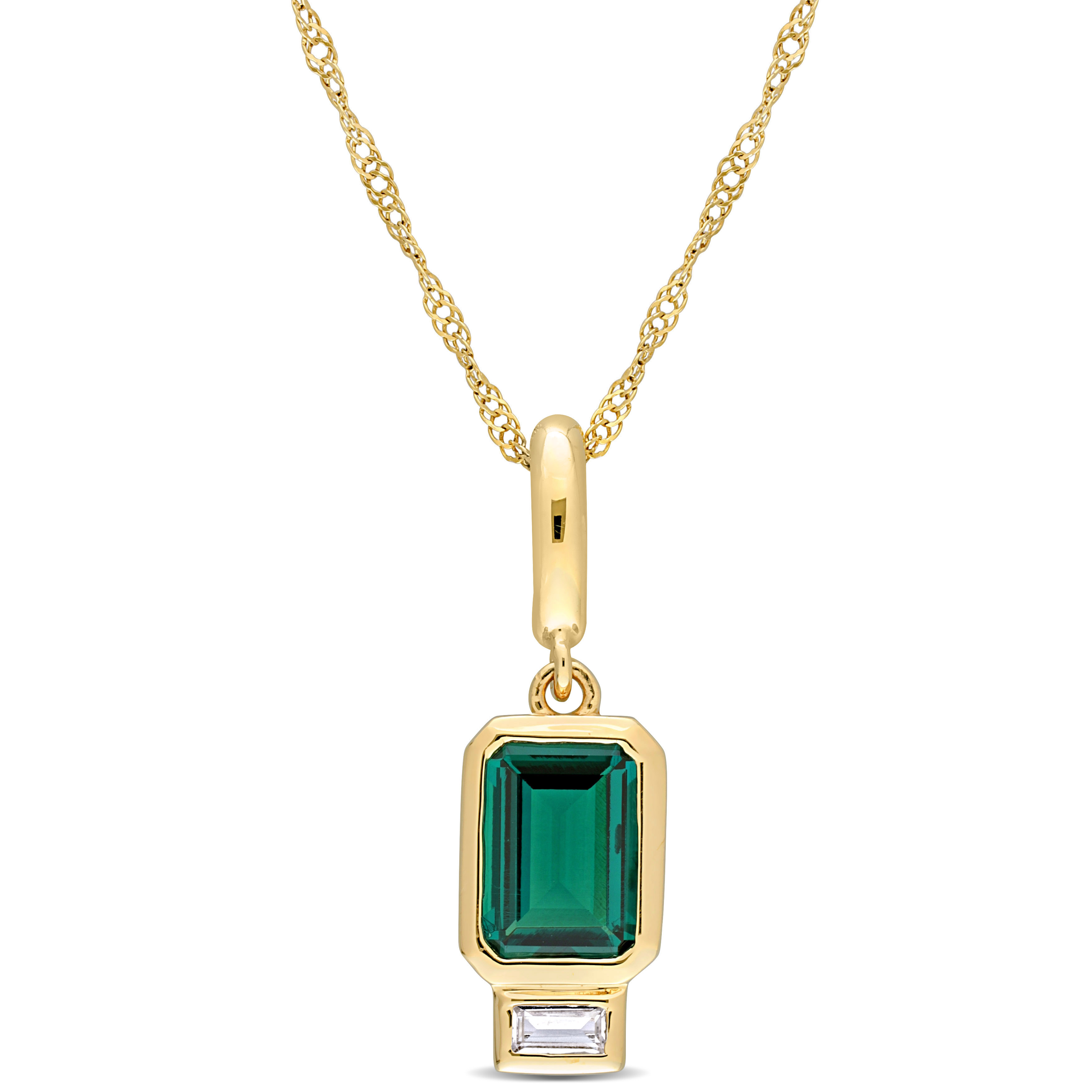 1 CT TGW Created Emerald Created White Sapphire Charm With Chain in 14k Yellow Gold