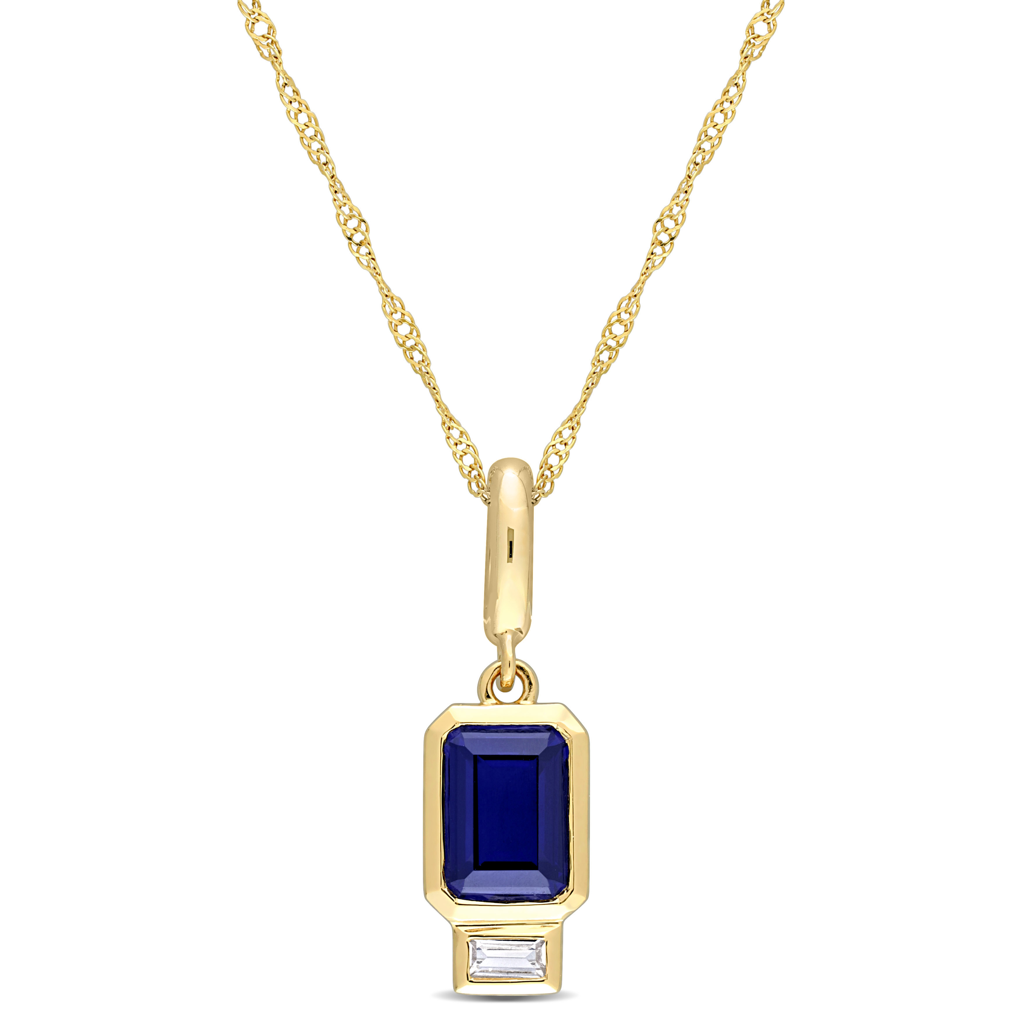 1 3/4 CT TGW Created Blue Sapphire Created White Sapphire Charm With Chain in 14k Yellow Gold