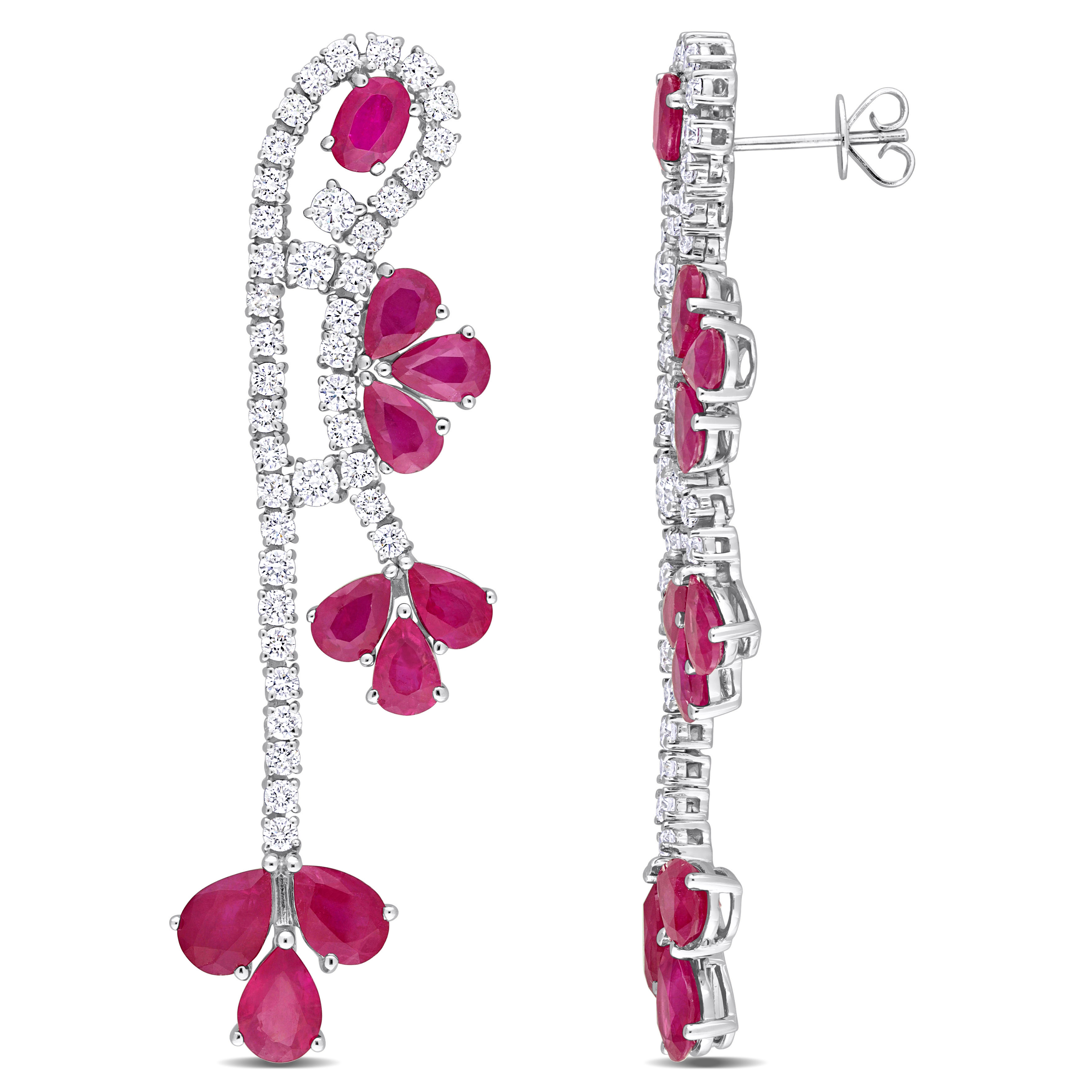 11 1/5ct TGW Pear-Shape and Oval Ruby and 2 5/8ct TDW Round-Cut Diamond Drop Earrings in 14k White Gold