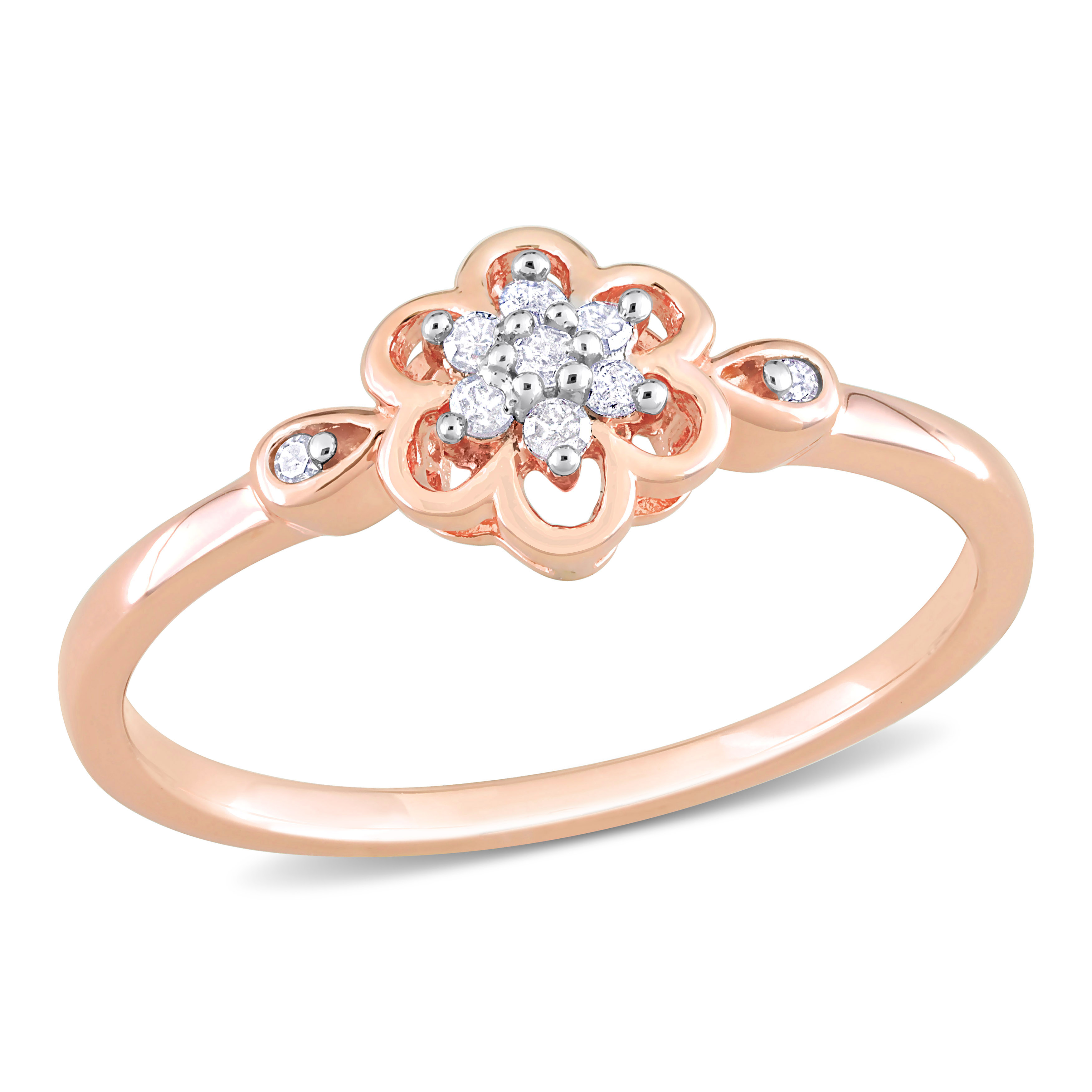 1/10 CT TDW Diamond Flower Ring in Rose Plated Sterling Silver