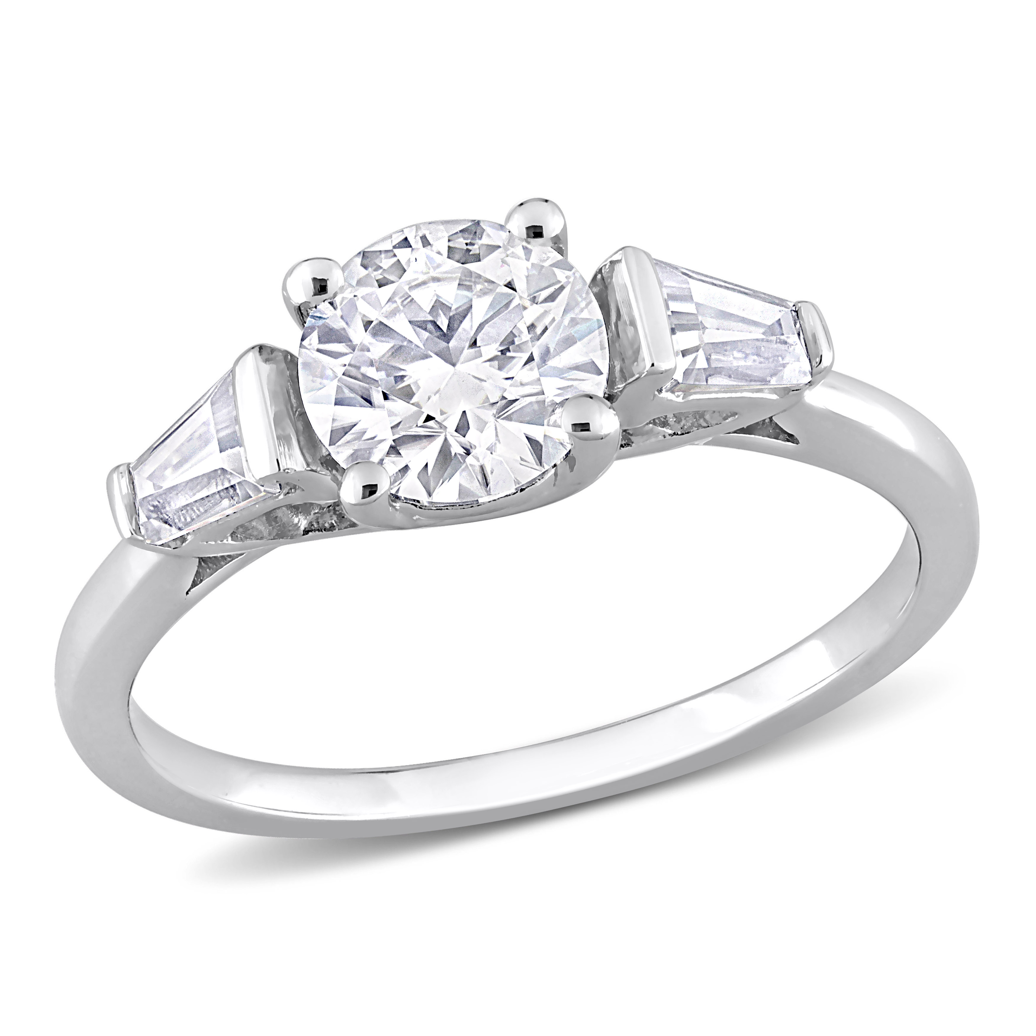 1 1/5 CT DEW Taper Created Moissanite Three Stone Ring in Sterling Silver