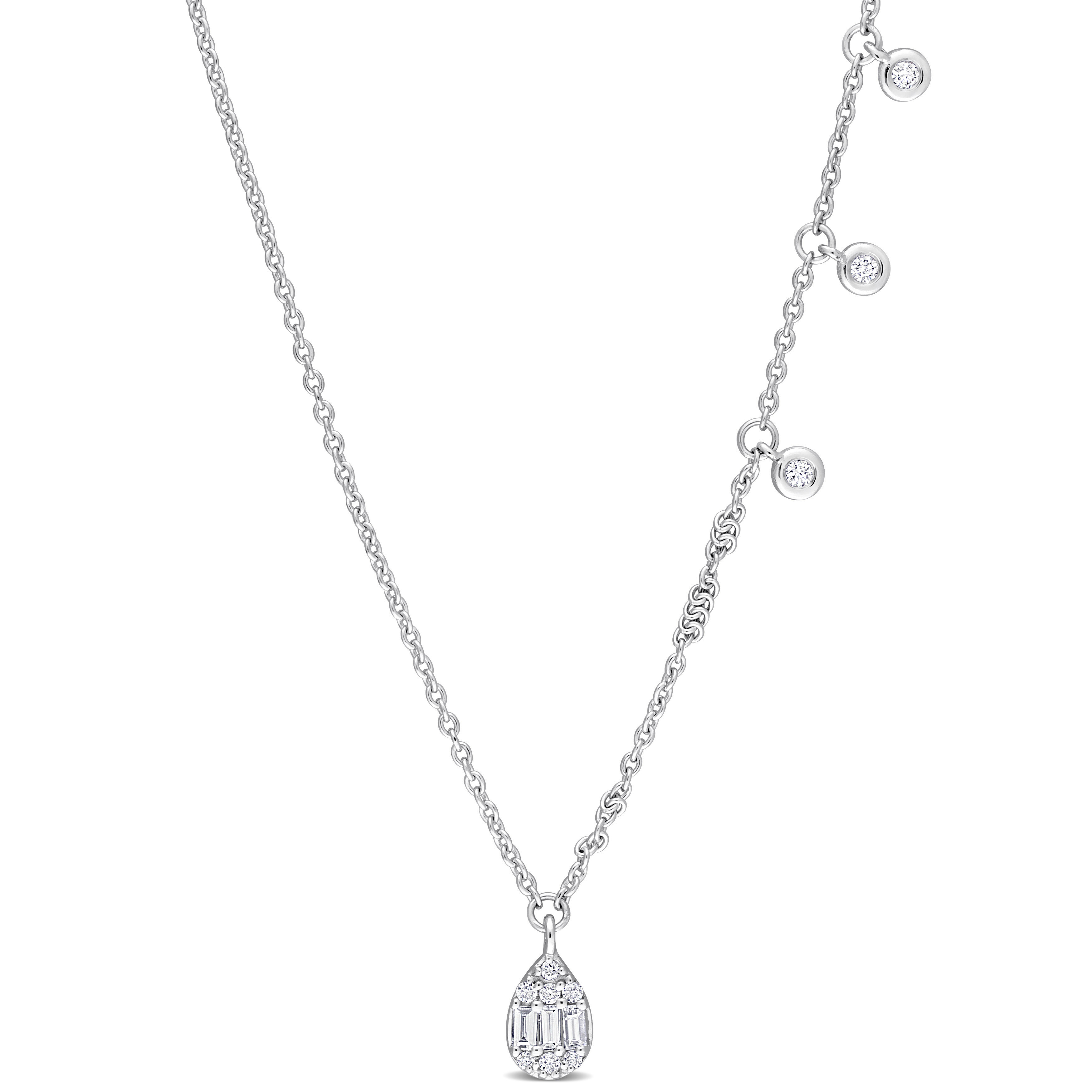 1/5 CT TW Parallel Baguette-Cut and Diamond Dangle Necklace in 14k White Gold - 17 in