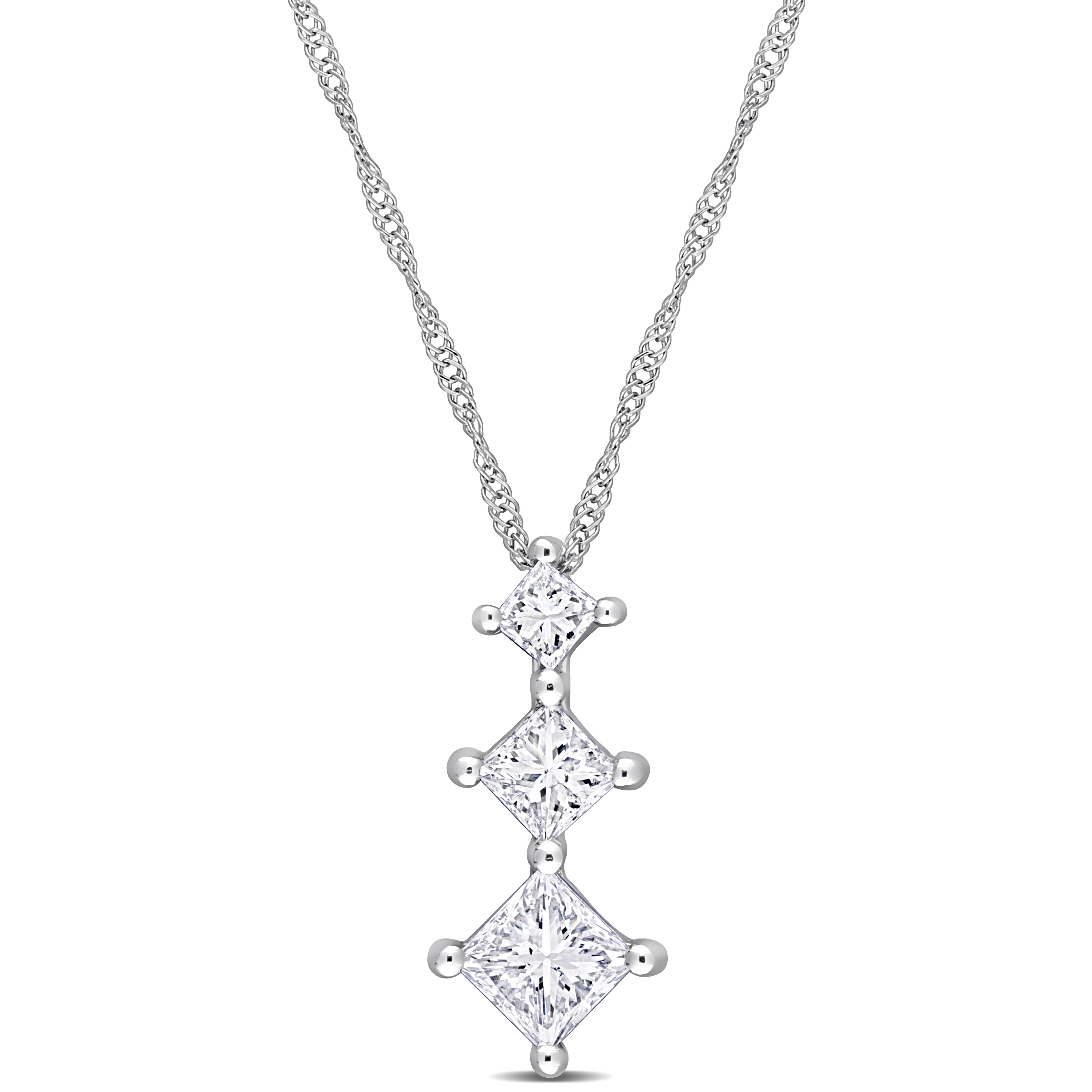 4/5 CT TDW Princess-Cut Diamond Three Stone Drop Pendant with Chain in 14k White Gold