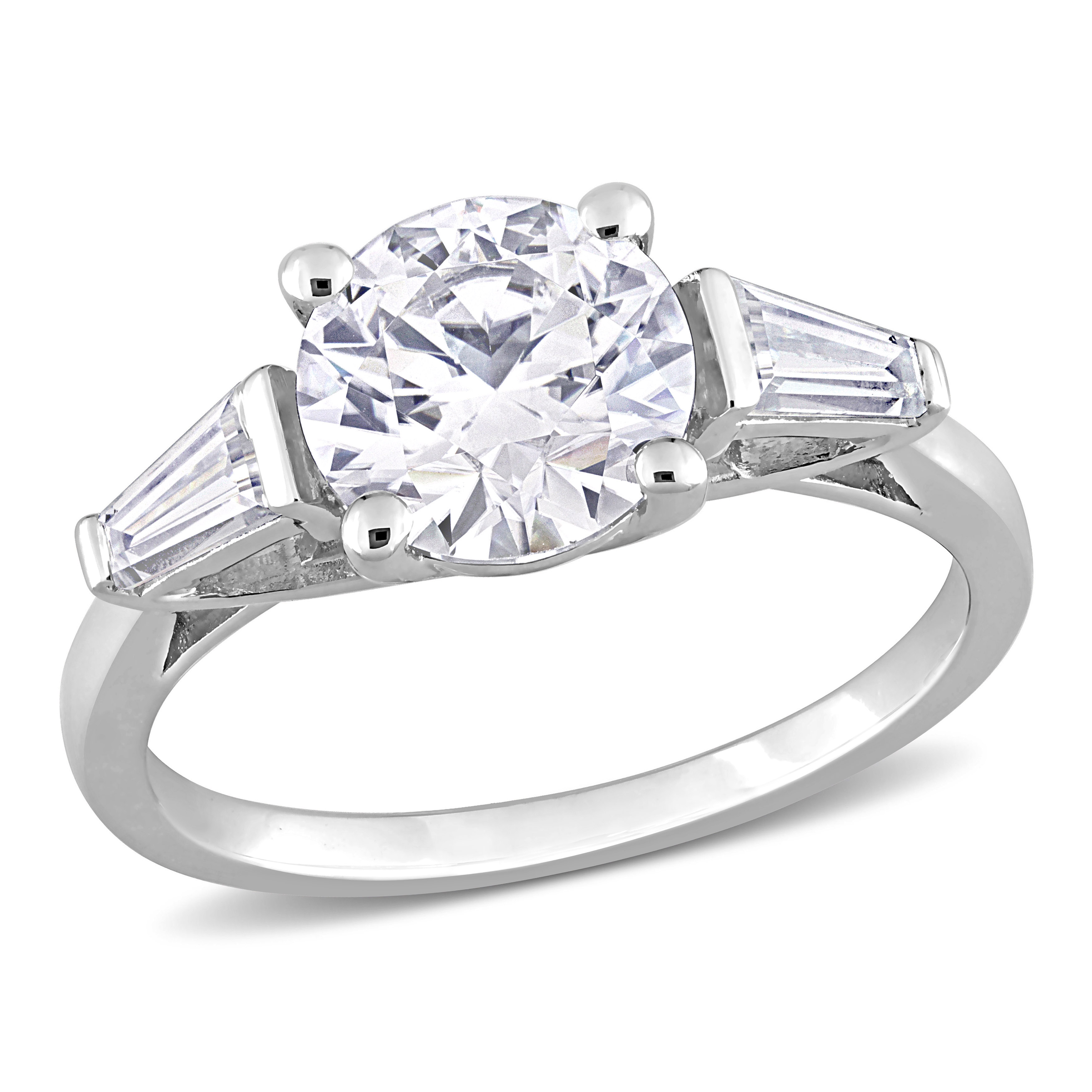 2 1/4 CT DEW Taper Created Moissanite Three Stone Ring in Sterling Silver