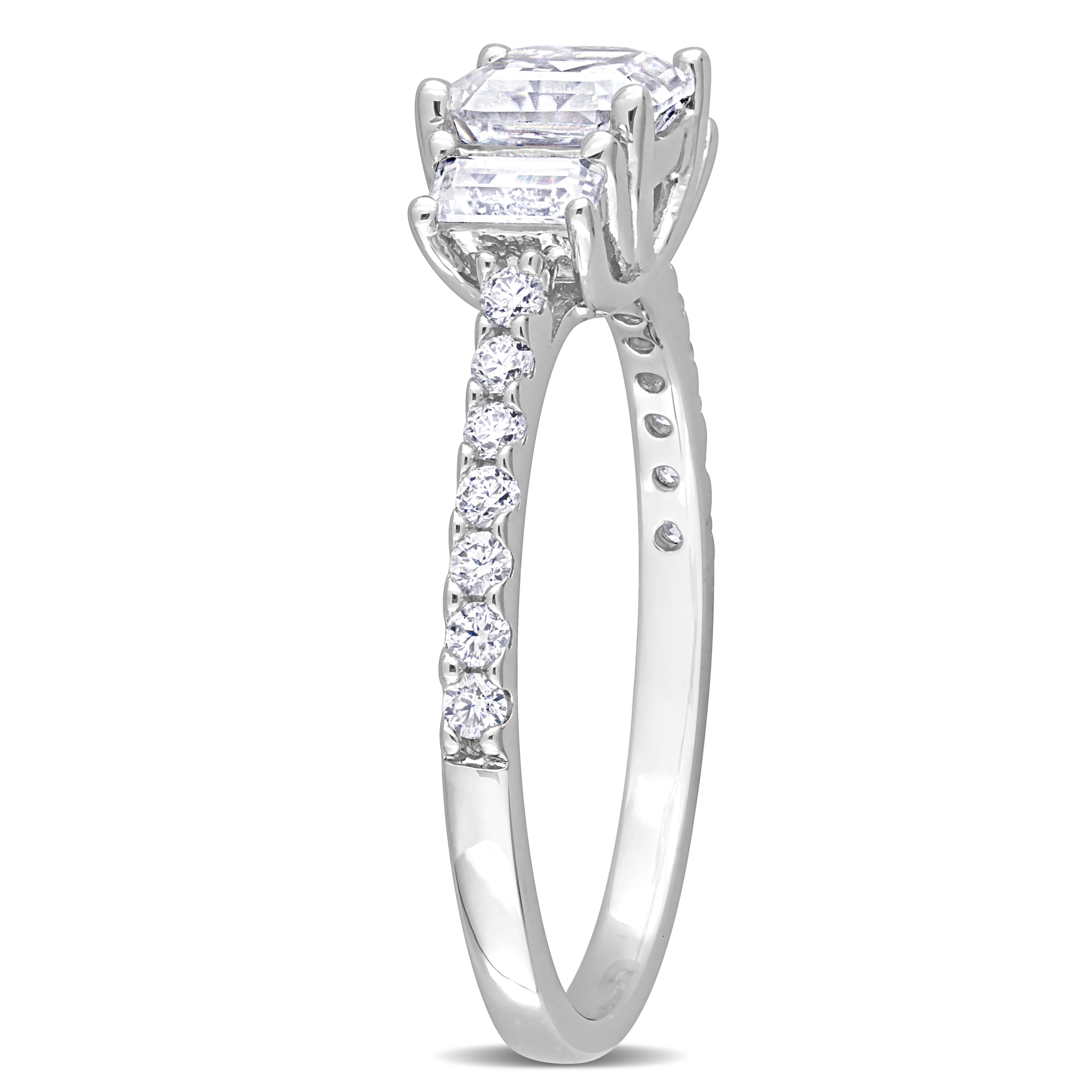 1 1/4 CT DEW Baguette-Cut and Octagon Asscher-Cut Created Moissanite Three Stone Ring in Sterling Silver