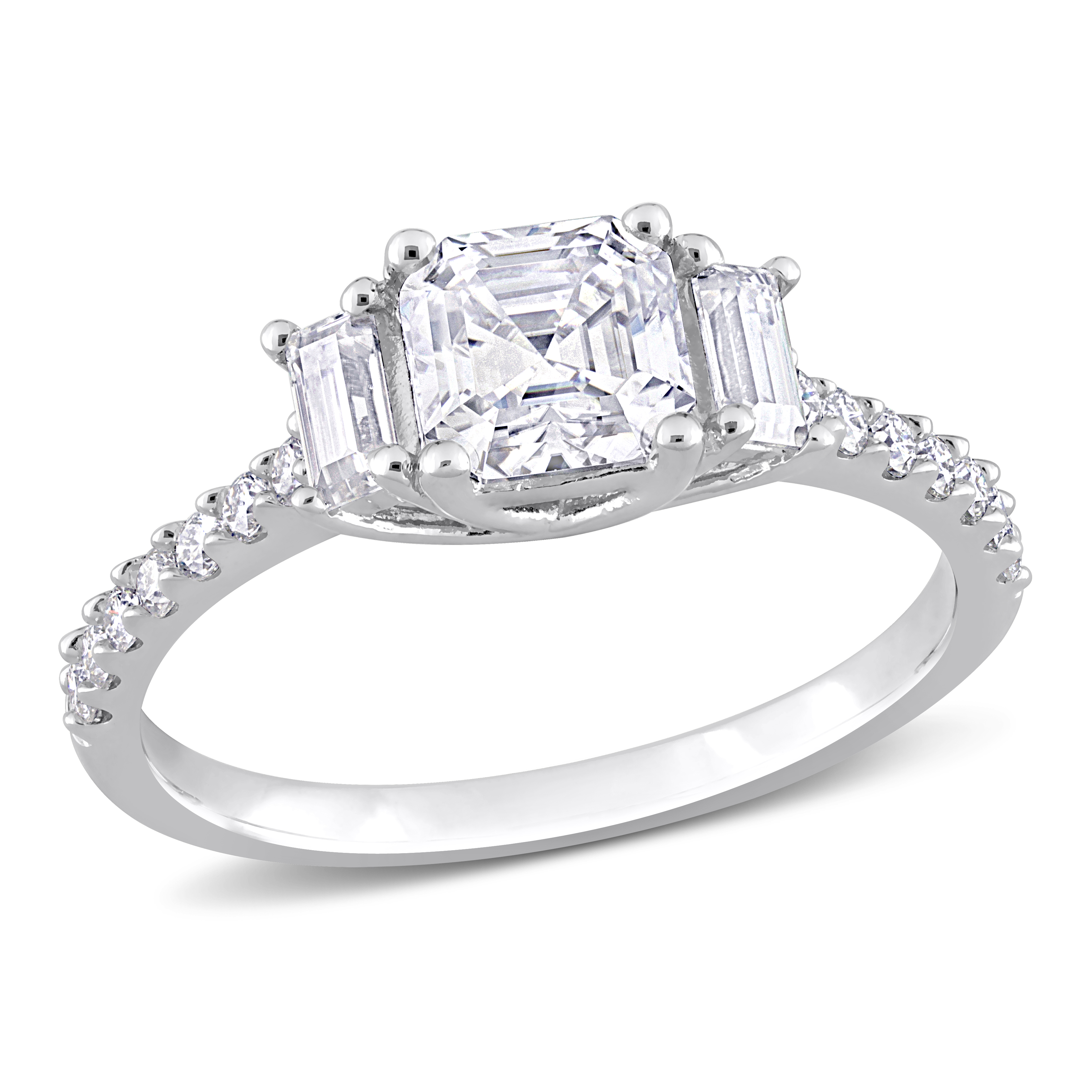 1 1/4 CT DEW Baguette-Cut and Octagon Asscher-Cut Created Moissanite Three Stone Ring in Sterling Silver
