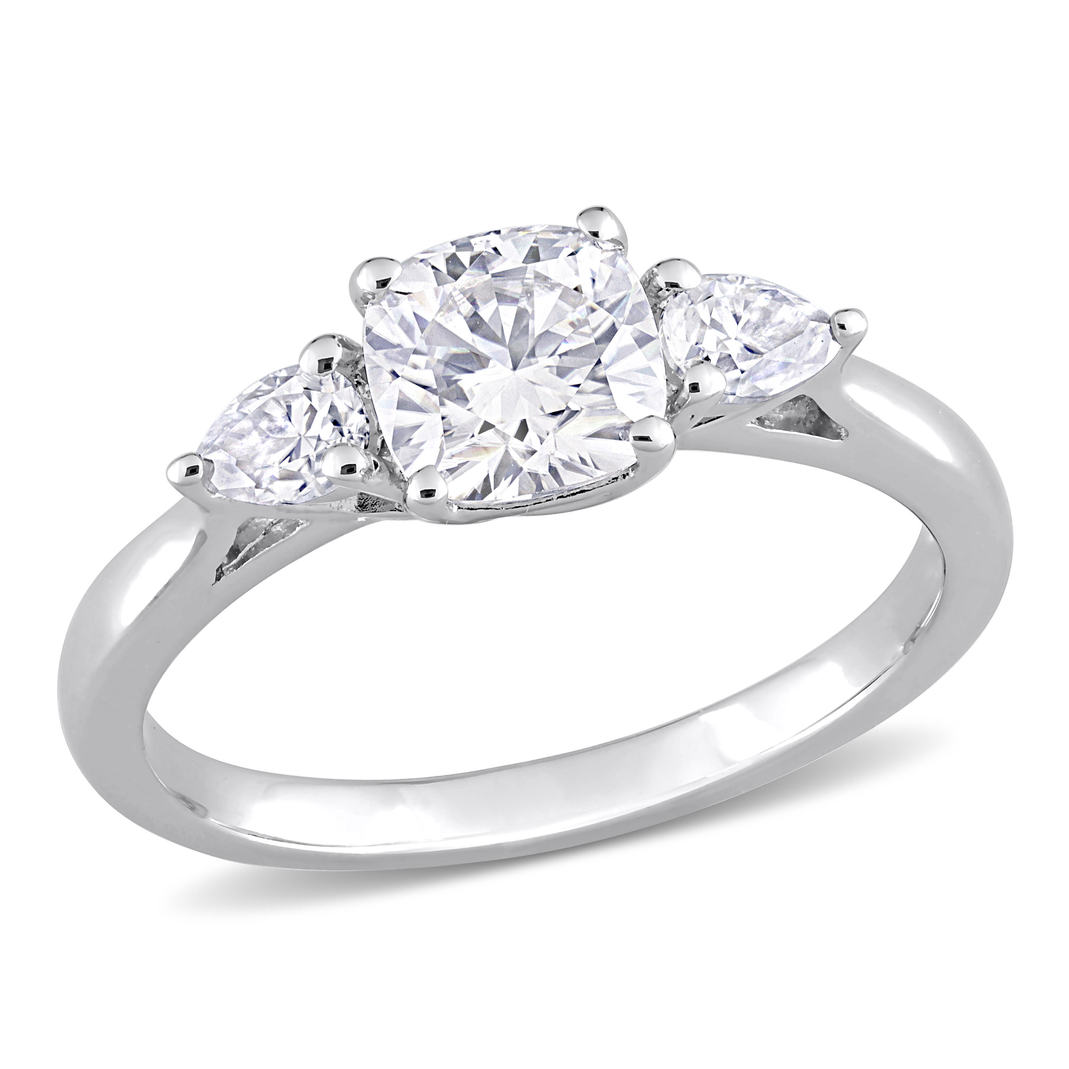 1 2/5 CT DEW Cushion and Pear Shape Created Moissanite Three Stone Ring in Sterling Silver