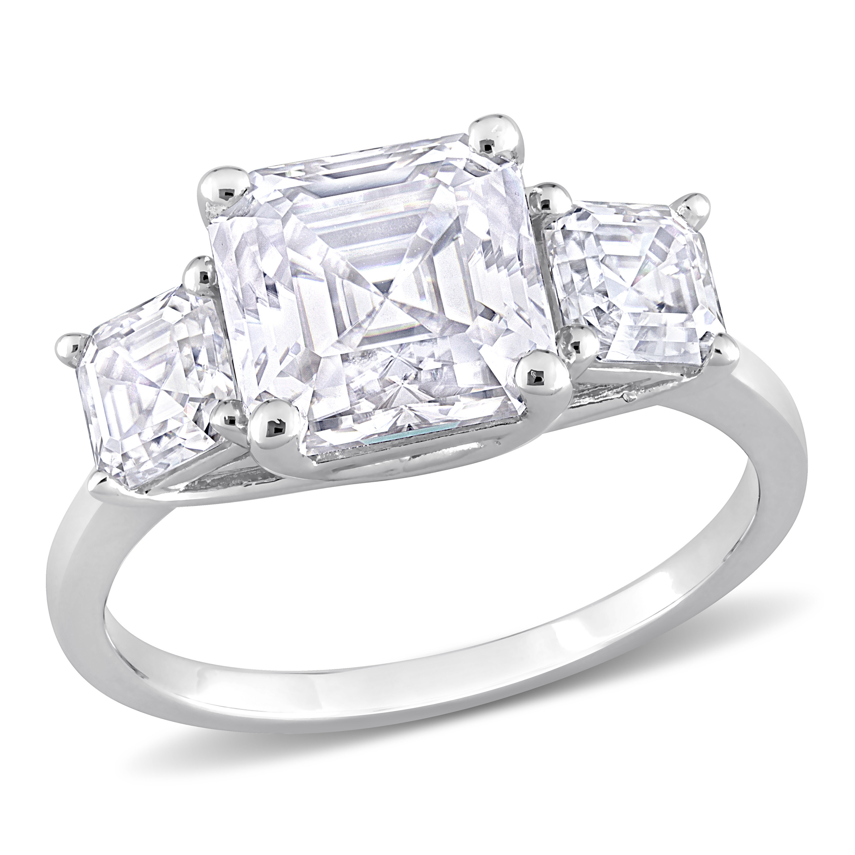 3 1/2 CT DEW Octagon Asscher-Cut Created Moissanite Three Stone Ring in Sterling Silver