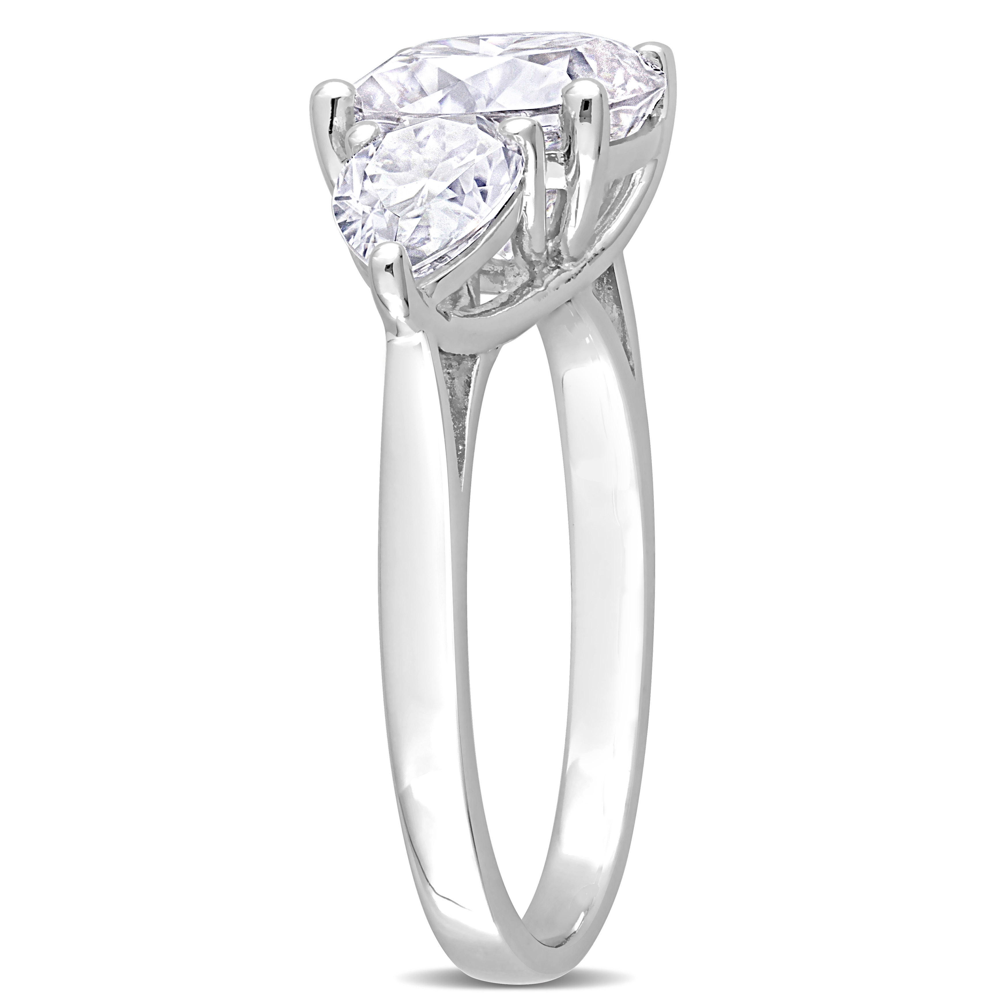 4 5/8 CT DEW Cushion and Pear Shape Created Moissanite Three Stone Ring in Sterling Silver