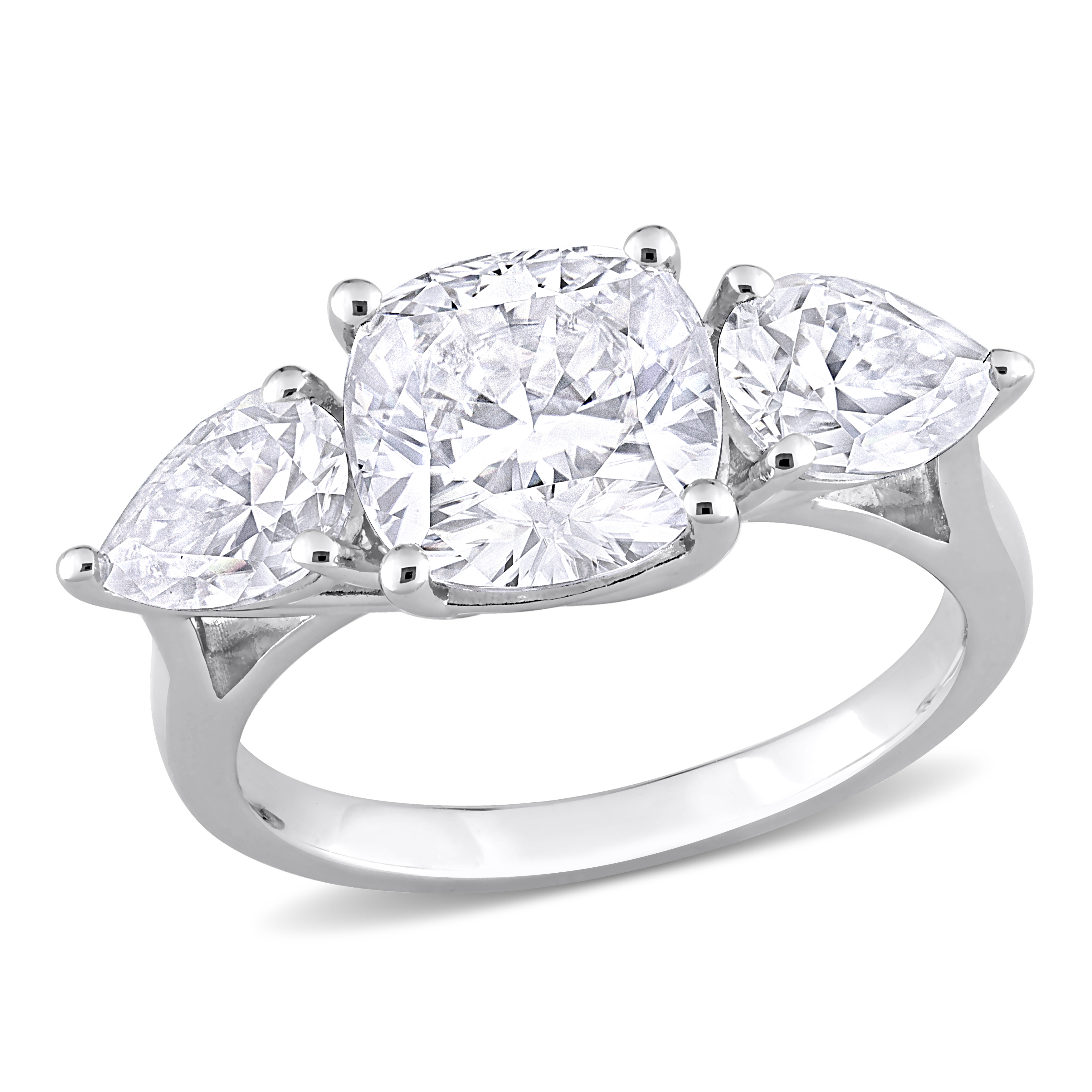 4 5/8 CT DEW Cushion and Pear Shape Created Moissanite Three Stone Ring in Sterling Silver